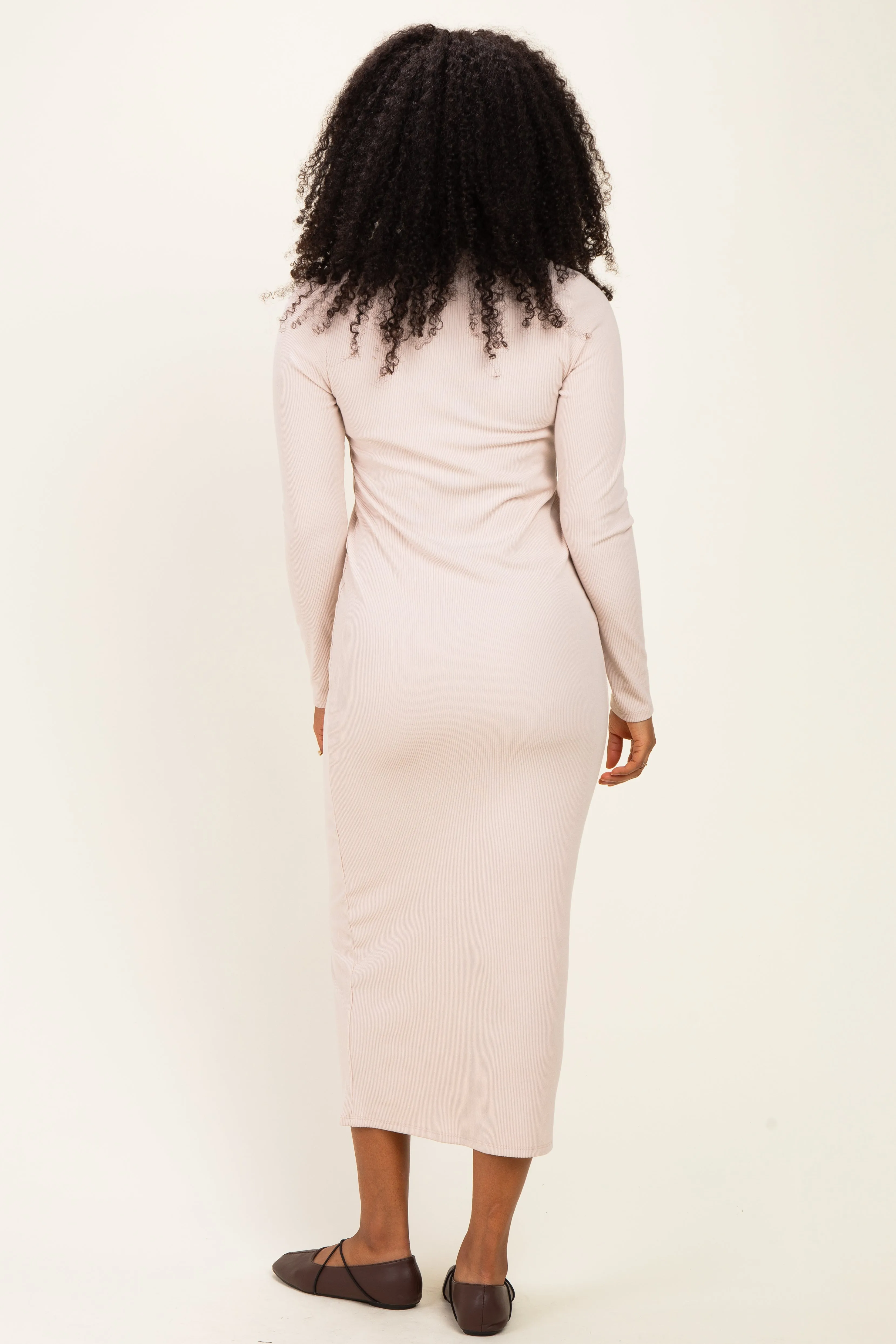 Beige Scoop Neck Long Sleeve Midi Dress sold by Pinkblush product image thumbnail 3