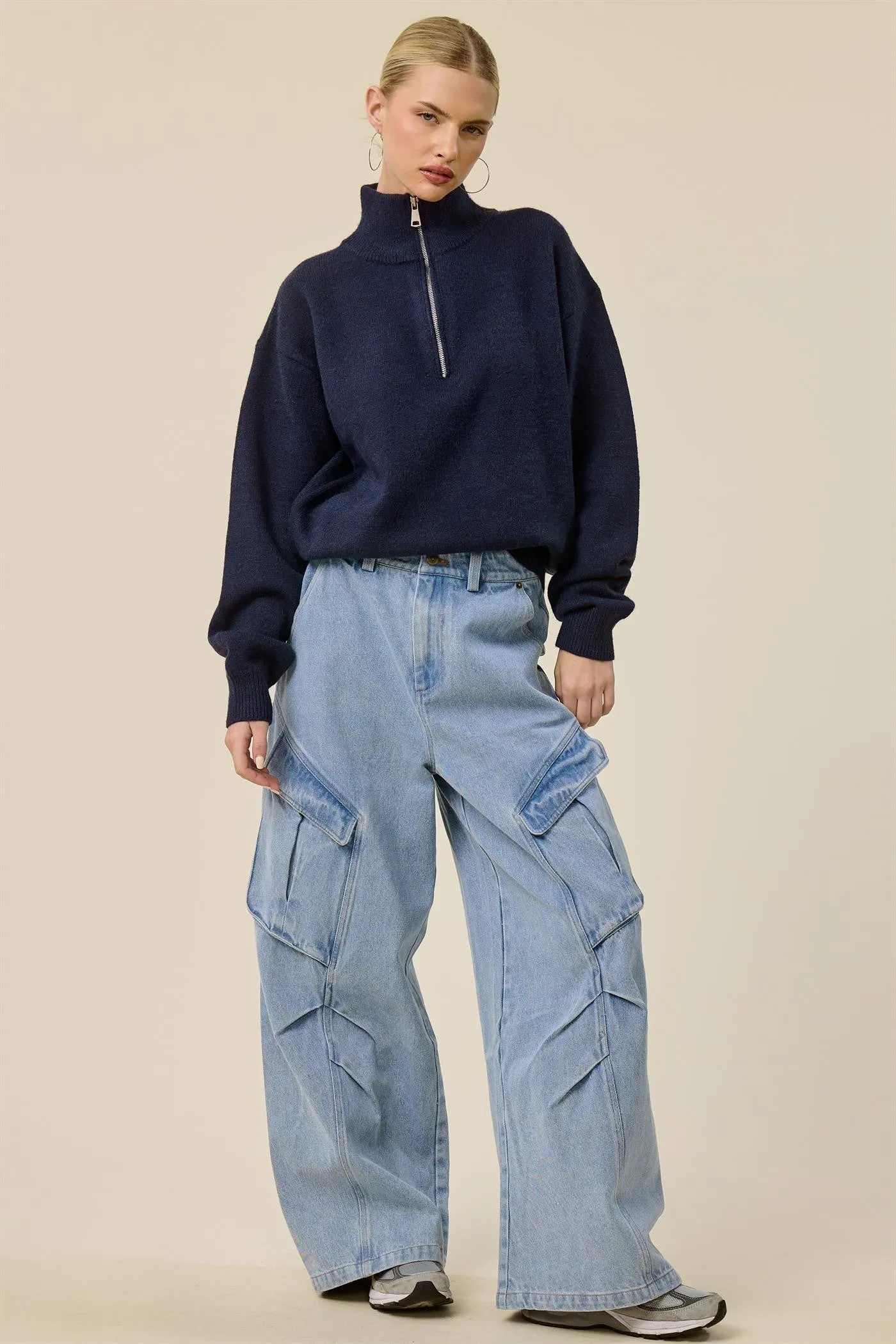 Navy Half Zip Mock Neck Sweater sold by Pinkblush product image thumbnail 4