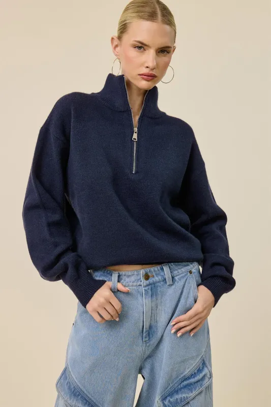 Navy Half Zip Mock Neck Sweater made by Mimosa