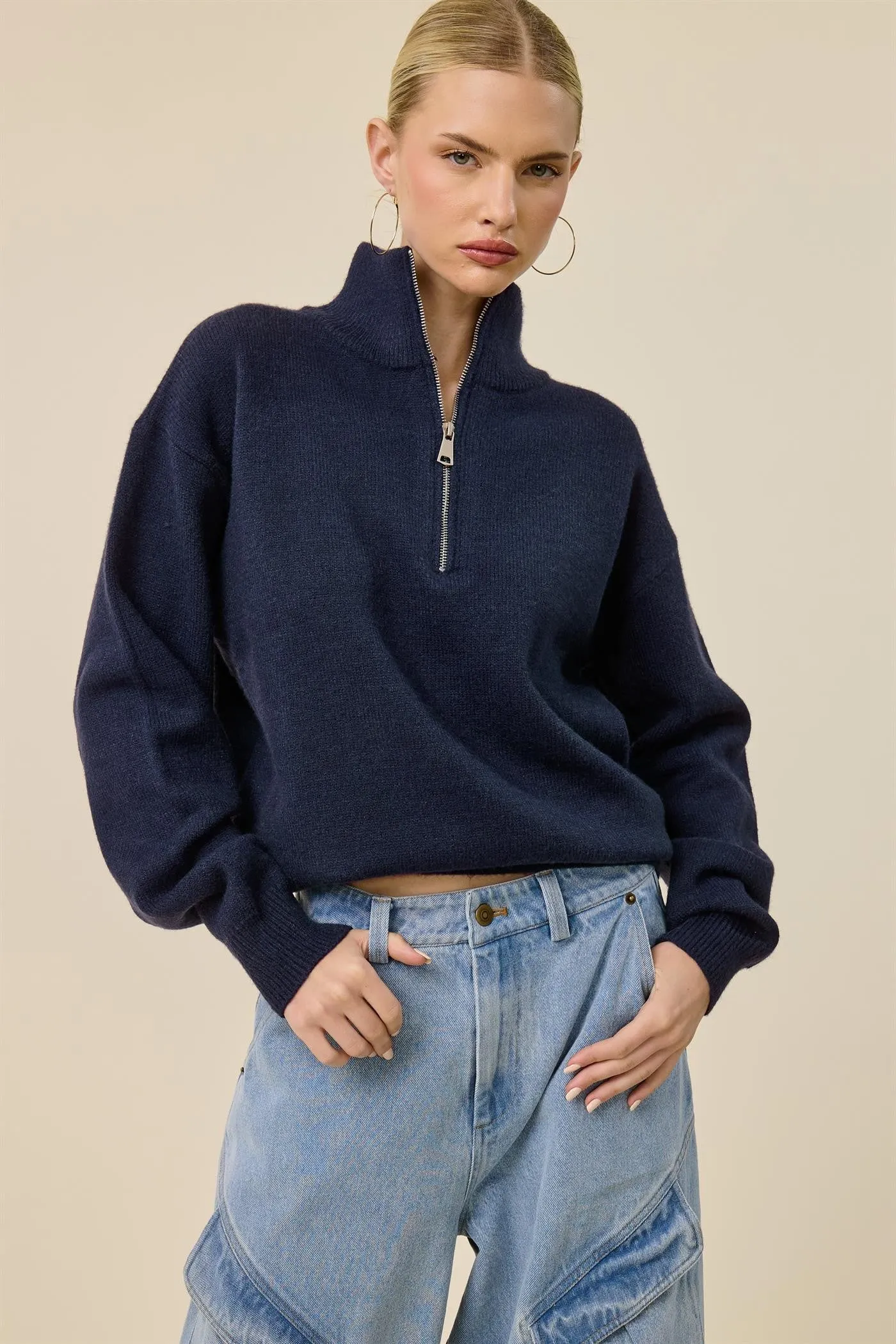 Navy Half Zip Mock Neck Sweater sold by Pinkblush