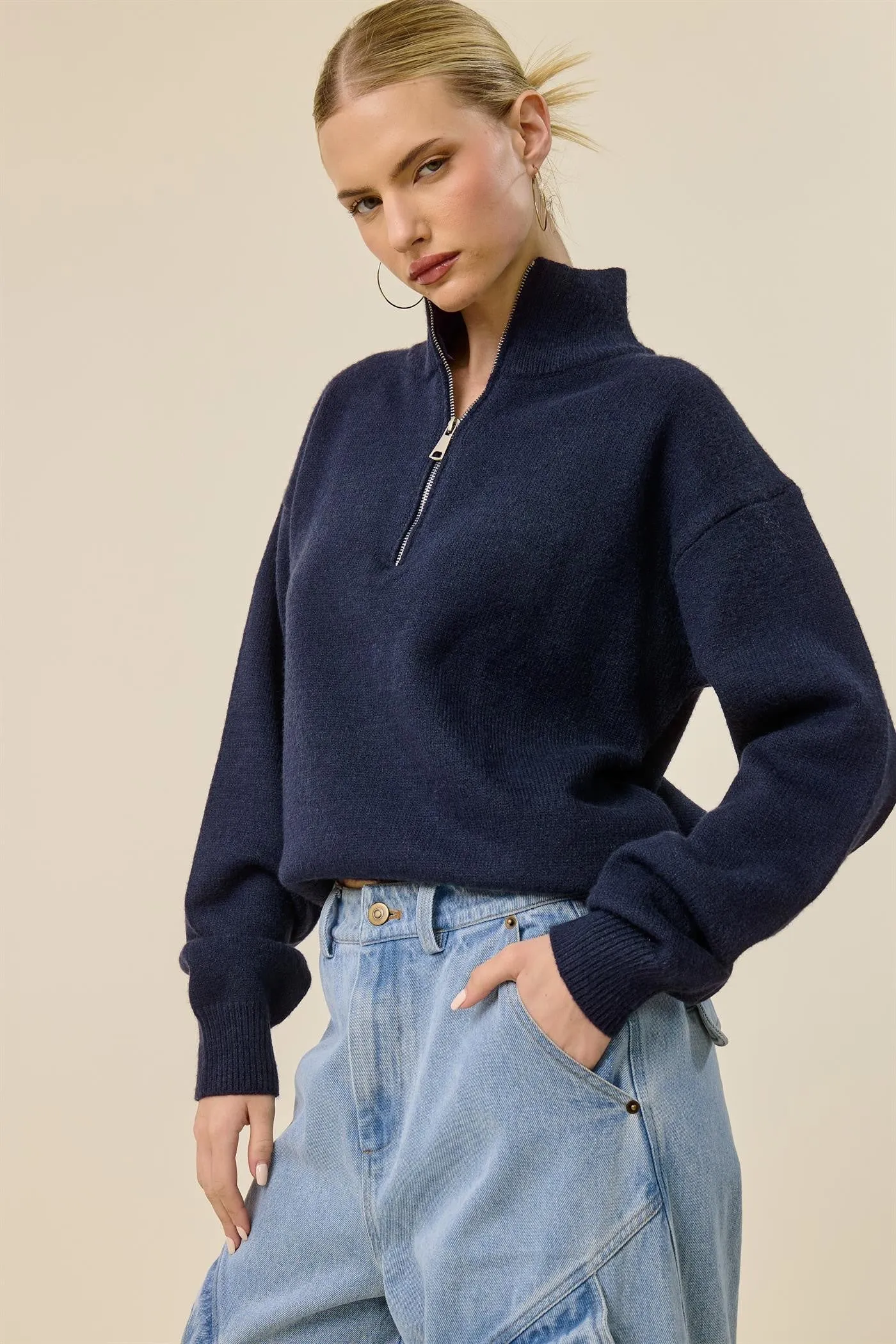 Navy Half Zip Mock Neck Sweater sold by Pinkblush product image thumbnail 2
