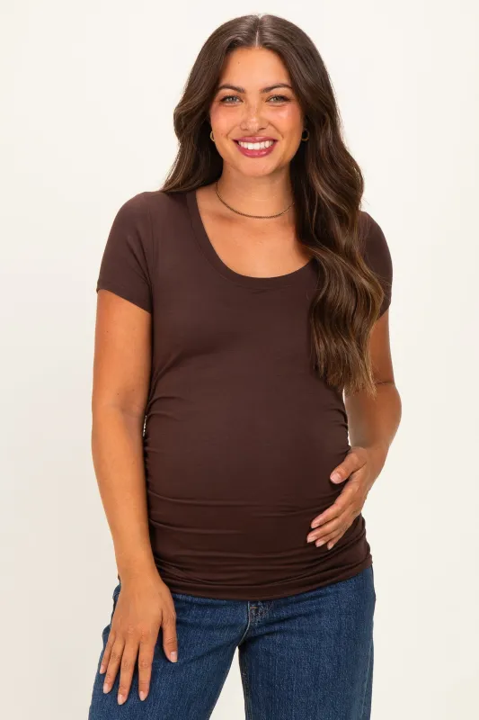 Brown Basic Short Sleeve Maternity Fitted Top made by Pinkblush