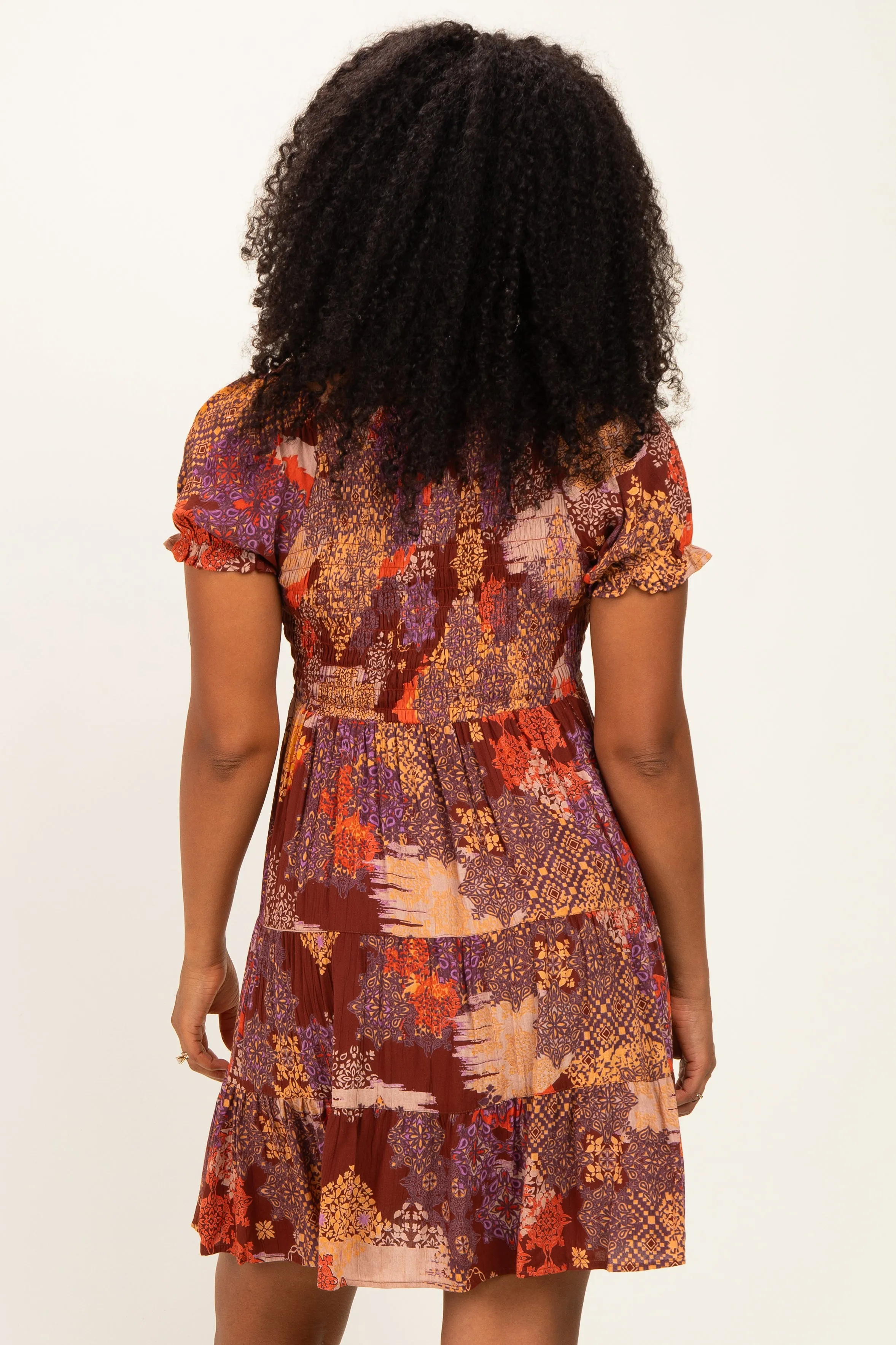 Brown Printed V-Neck Smocked Mini Dress sold by Pinkblush product image thumbnail 4