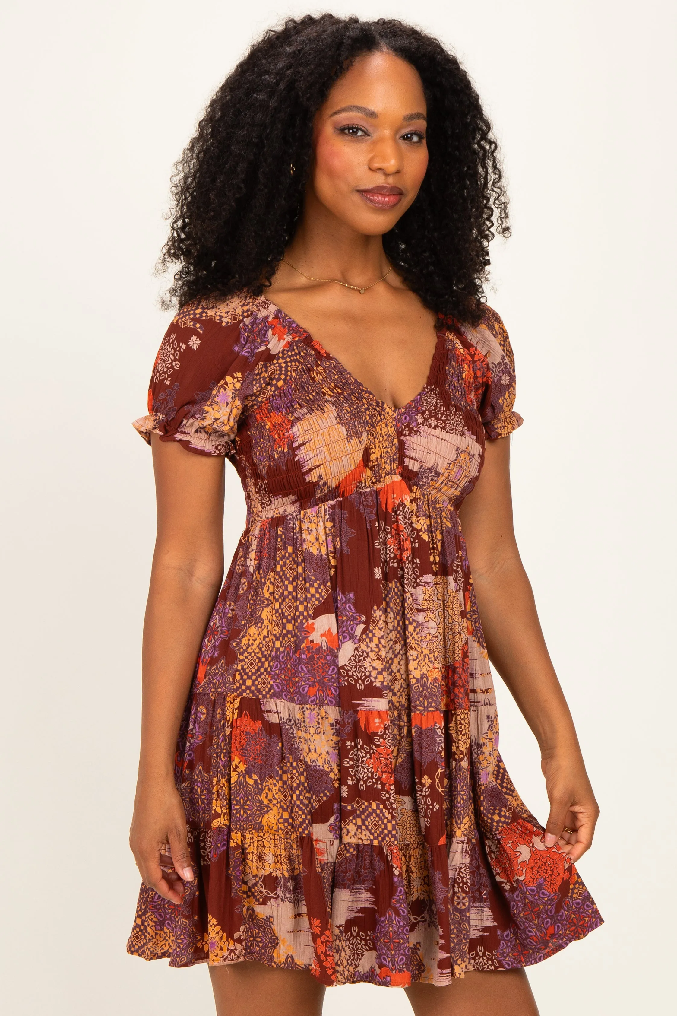 Brown Printed V-Neck Smocked Mini Dress sold by Pinkblush product image thumbnail 3