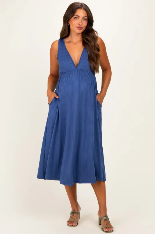 Blue Sleeveless Ribbed Knit A-Line Maternity Midi Dress made by Pinkblush