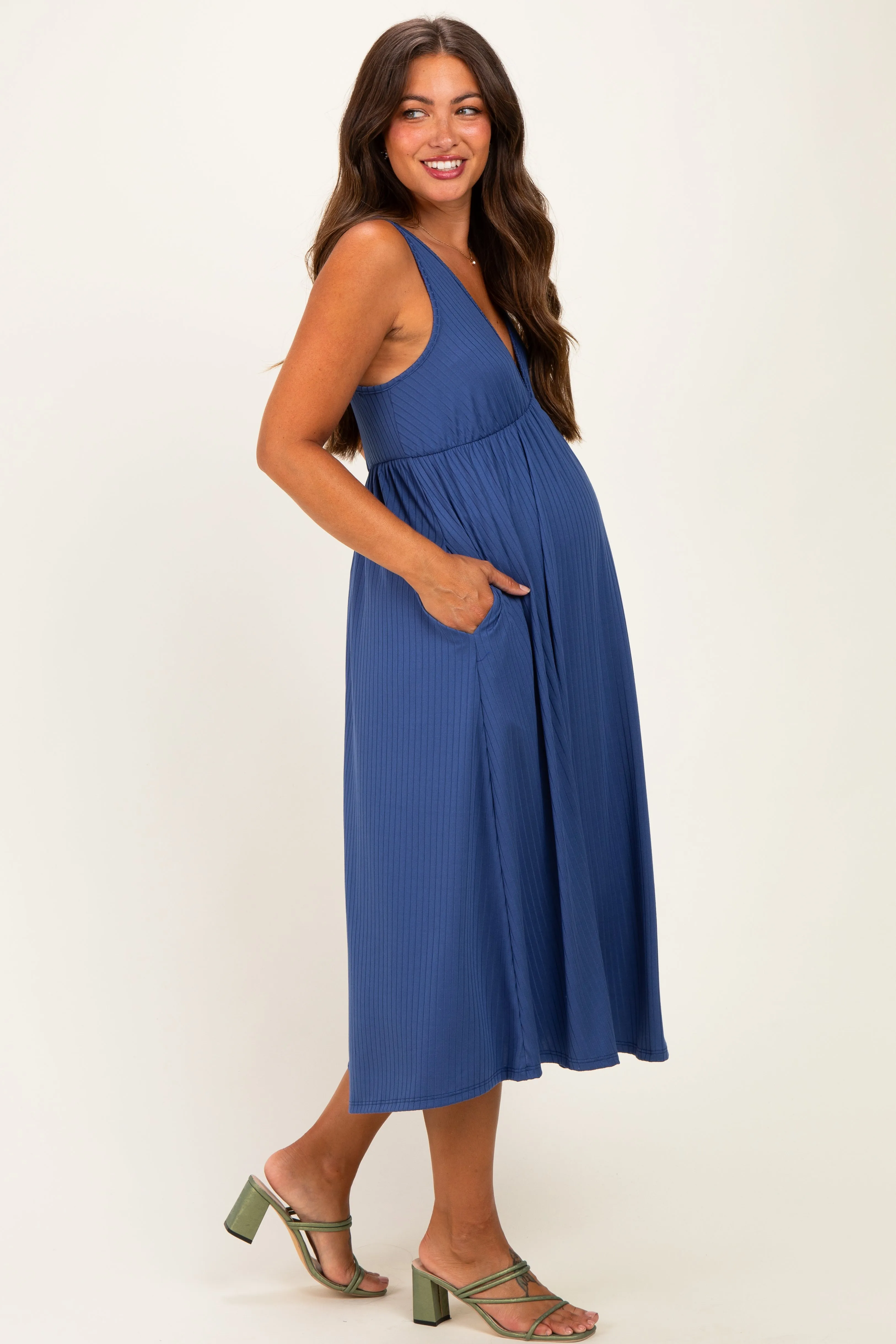 Blue Sleeveless Ribbed Knit A-Line Maternity Midi Dress sold by Pinkblush product image thumbnail 2