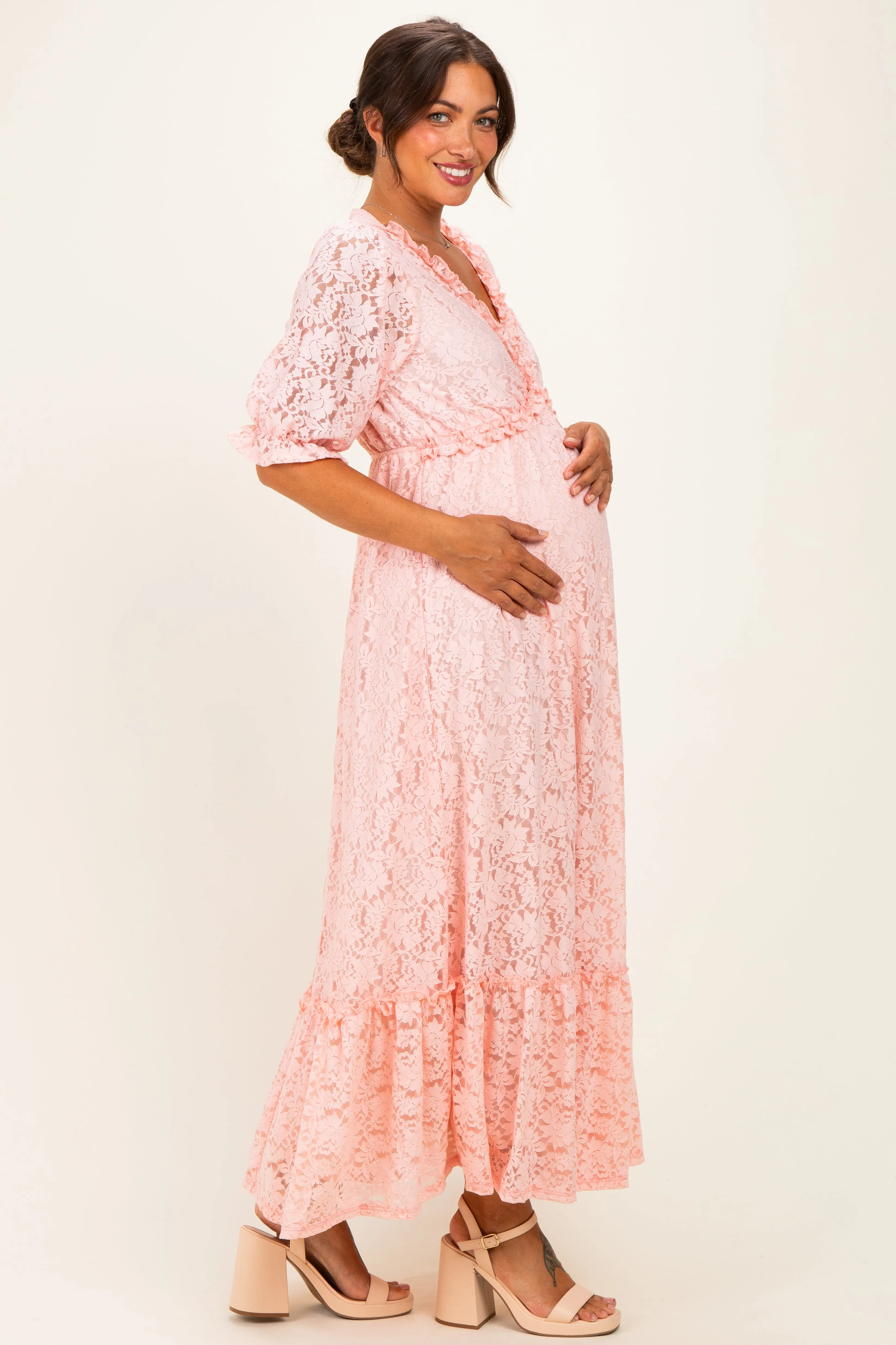 Light Pink Floral Lace V-Neck Maternity Maxi Dress sold by Pinkblush product image thumbnail 3