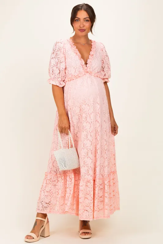 Light Pink Floral Lace V-Neck Maternity Maxi Dress made by Pinkblush