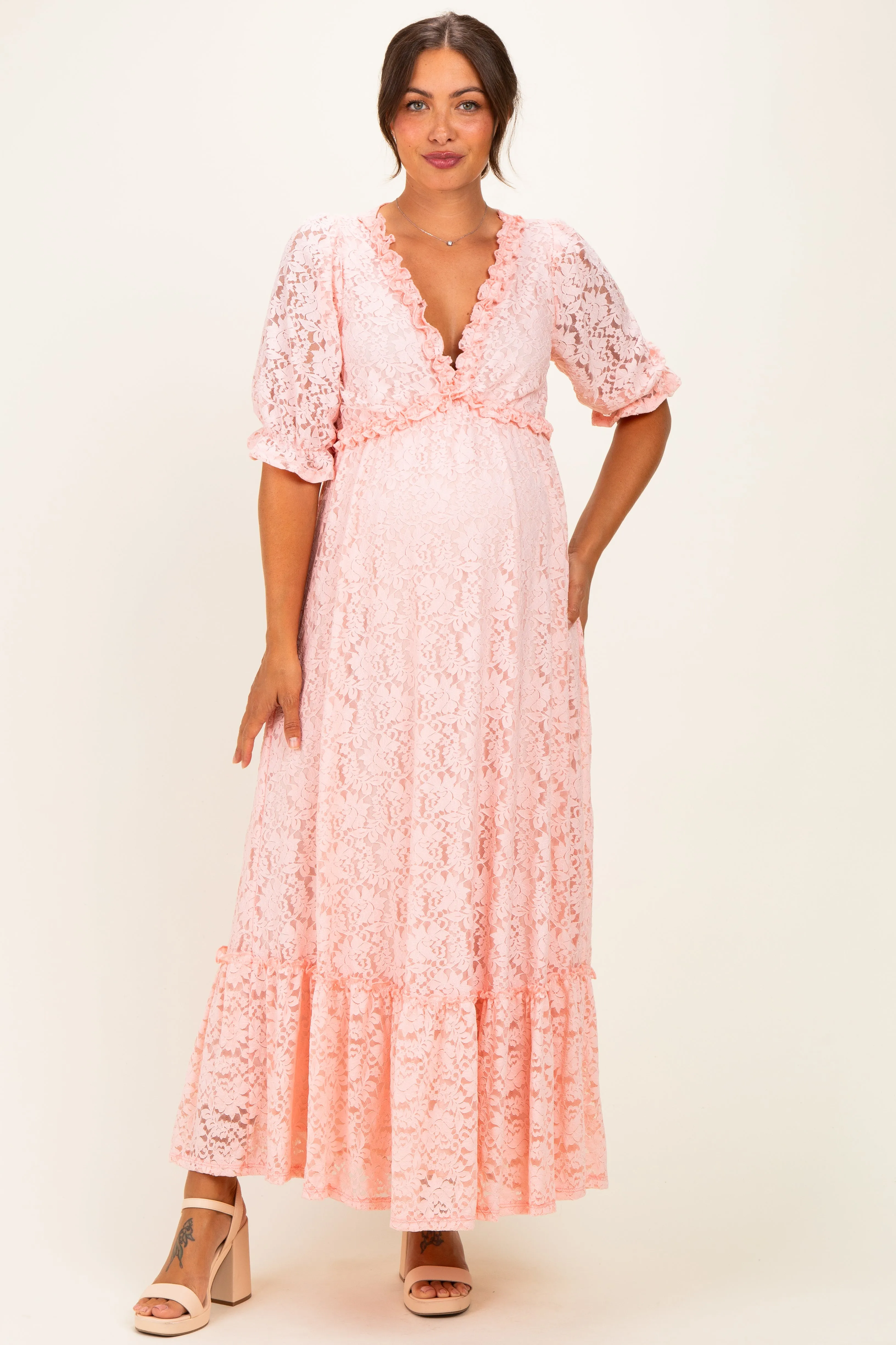 Light Pink Floral Lace V-Neck Maternity Maxi Dress sold by Pinkblush product image thumbnail 2