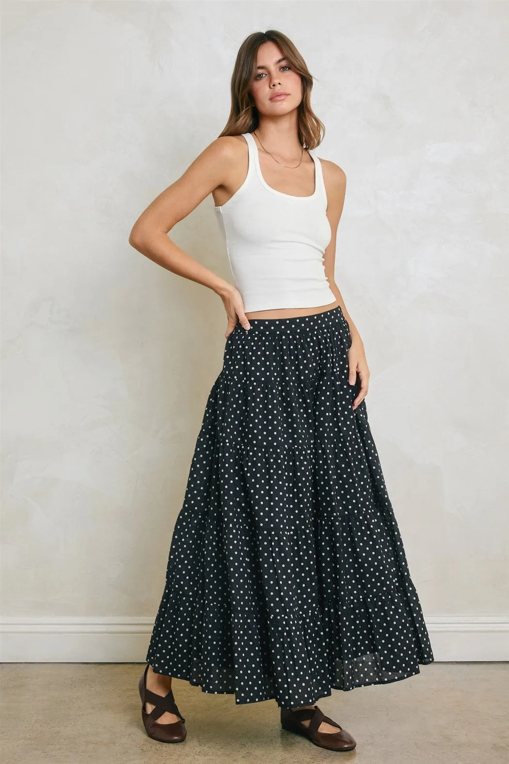 Black Polka Dot Tiered Maxi Skirt sold by Pinkblush product image thumbnail 3