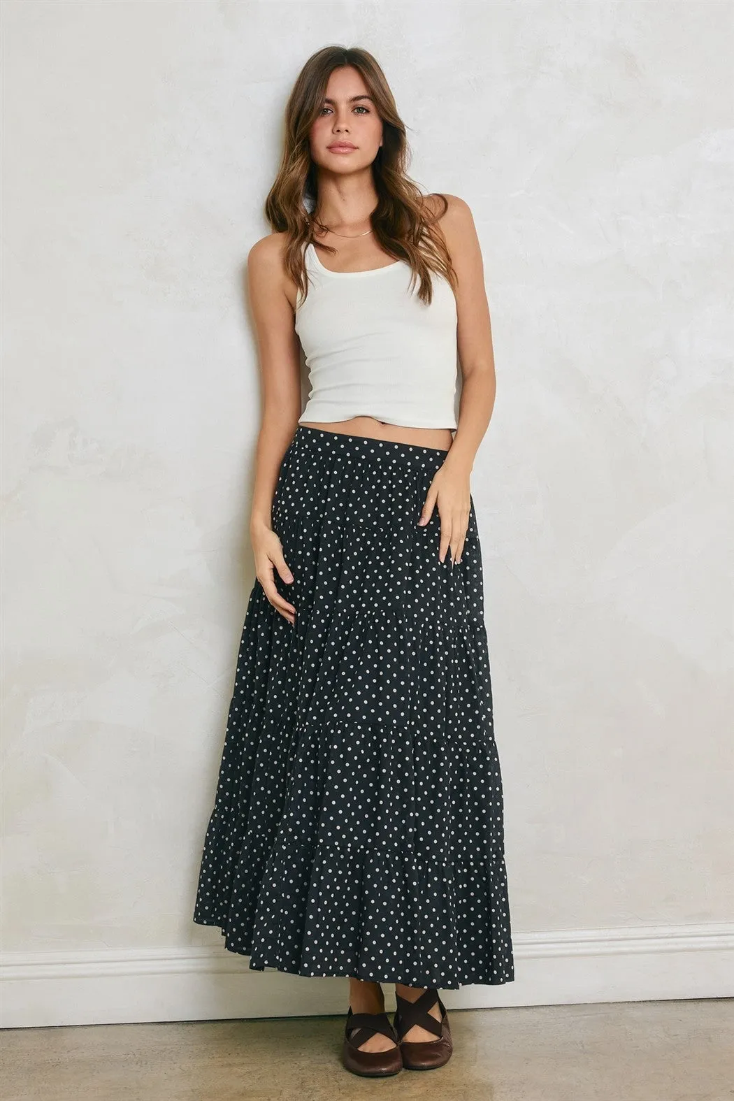 Black Polka Dot Tiered Maxi Skirt sold by Pinkblush