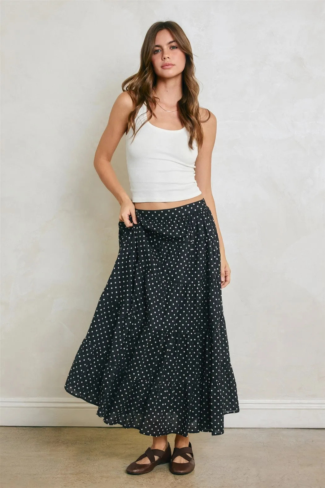 Black Polka Dot Tiered Maxi Skirt sold by Pinkblush product image thumbnail 2