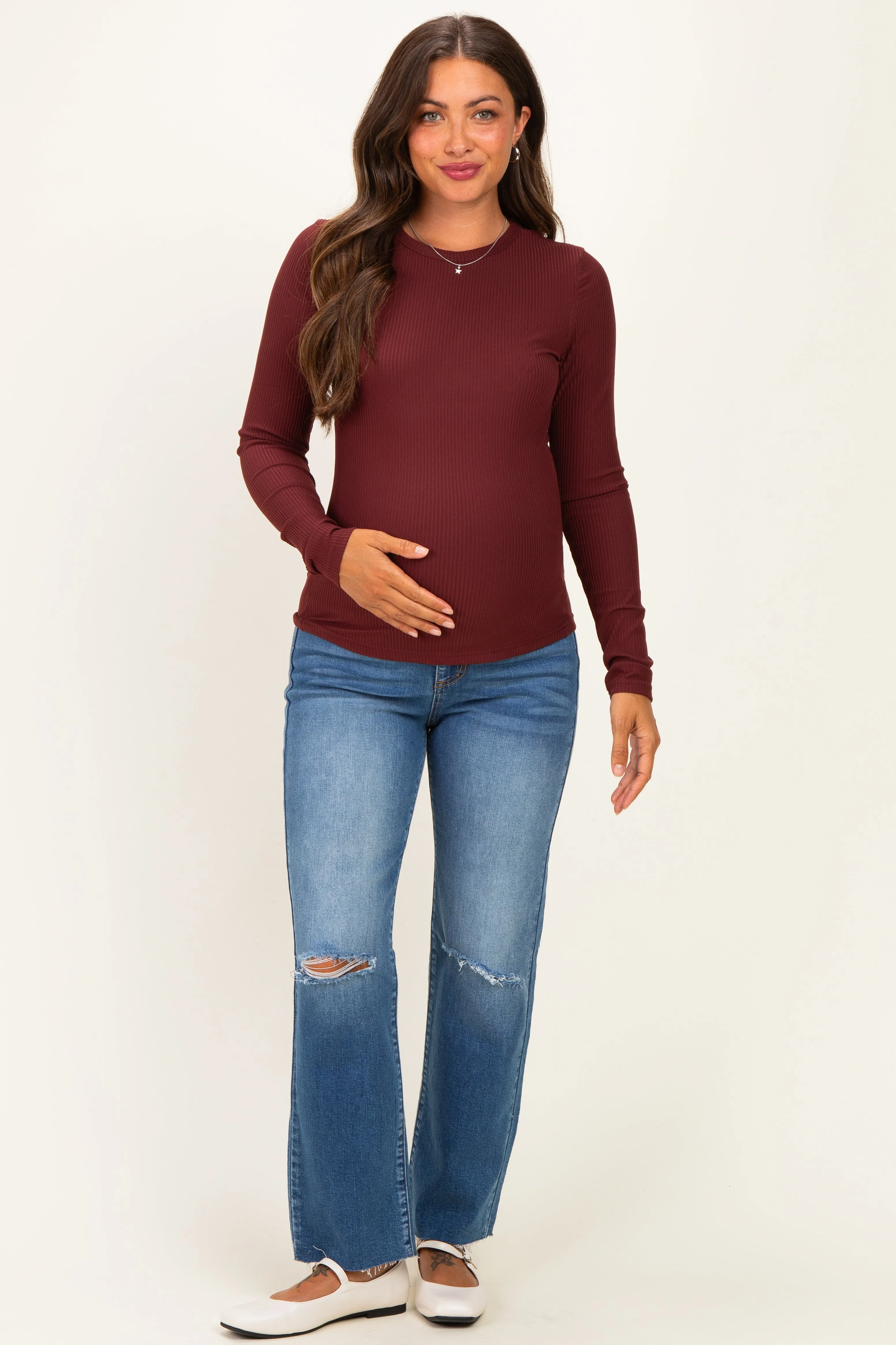 Merlot Brushed Rib Knit Maternity Long Sleeve Top sold by Pinkblush product image thumbnail 2