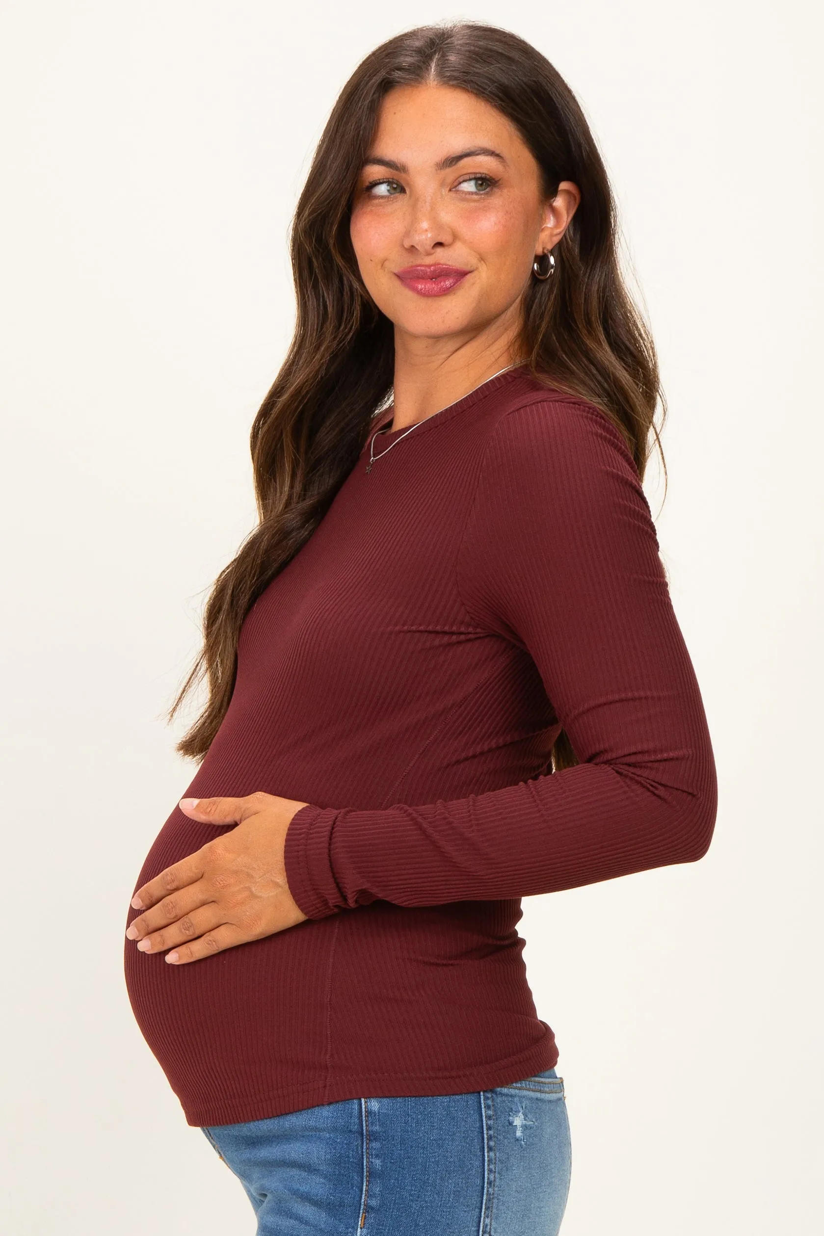 Merlot Brushed Rib Knit Maternity Long Sleeve Top sold by Pinkblush product image thumbnail 3