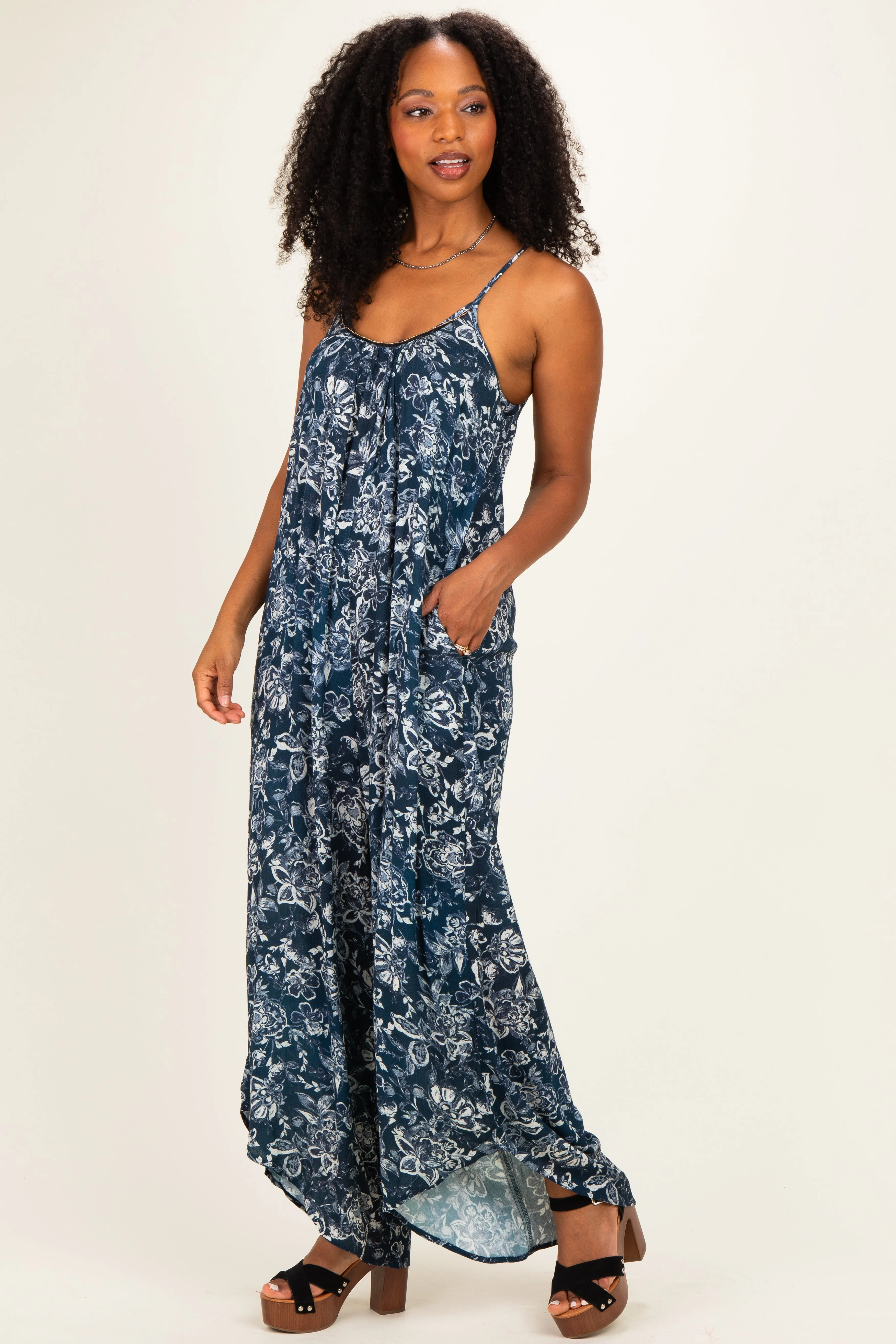 Navy Floral Beaded Wide Leg Jumpsuit sold by Pinkblush product image thumbnail 2