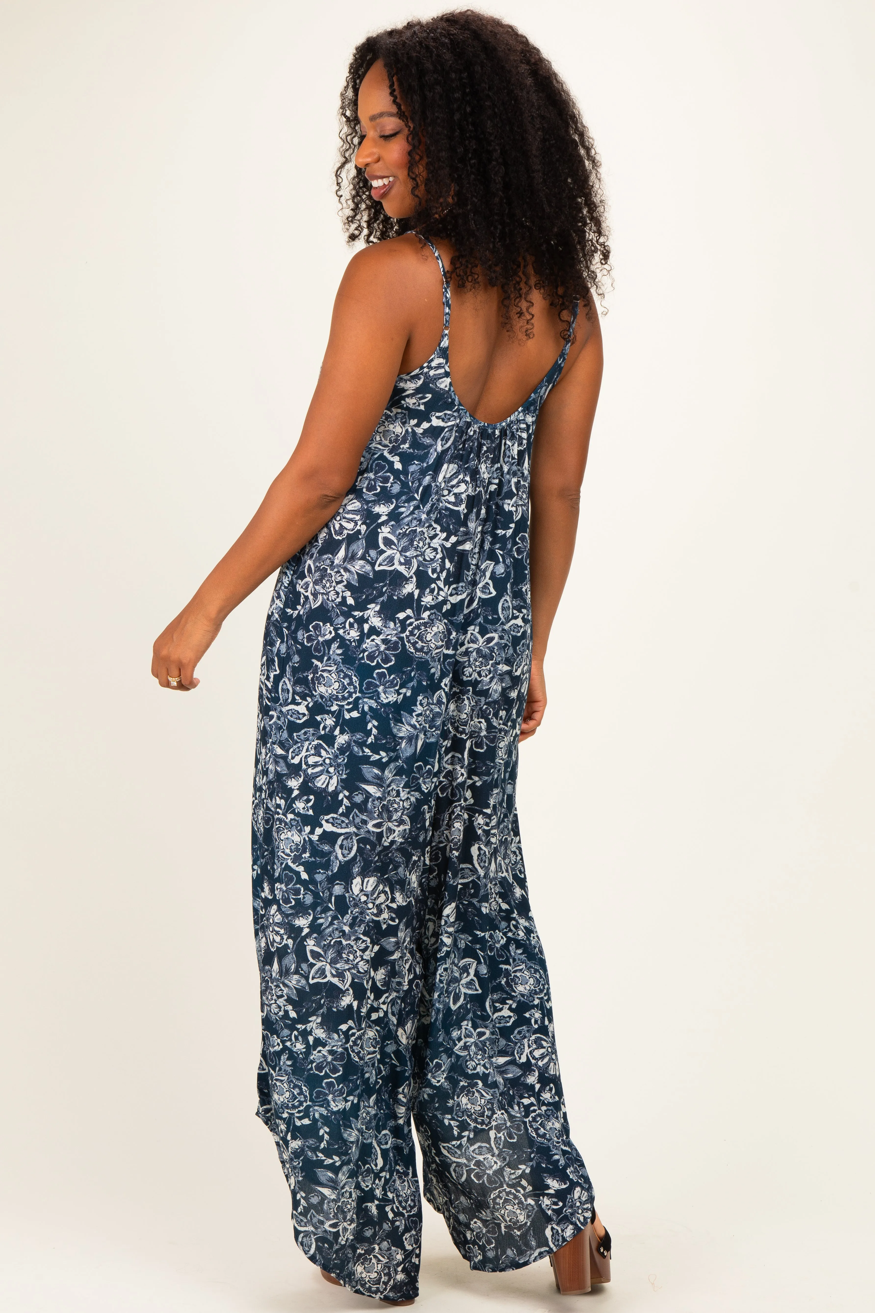 Navy Floral Beaded Wide Leg Jumpsuit sold by Pinkblush product image thumbnail 3
