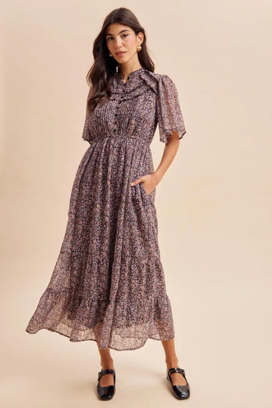 Midnight Ruffle Floral Print Maxi Dress made by Inloom