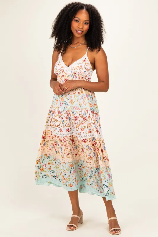 Multicolor Floral Colorblock Tiered Lace Trim Midi Dress made by Angie