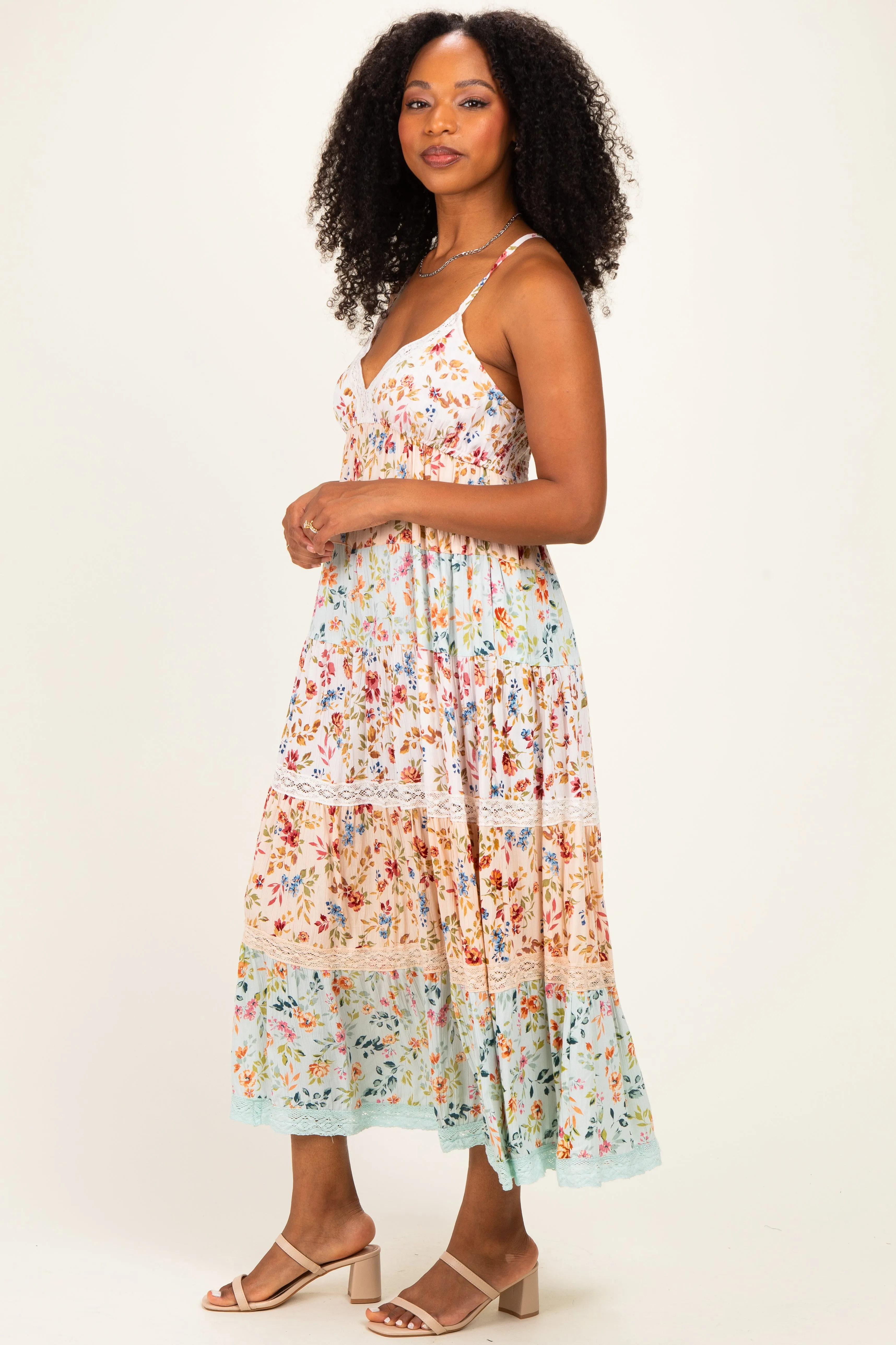 Multicolor Floral Colorblock Tiered Lace Trim Midi Dress sold by Pinkblush product image thumbnail 2