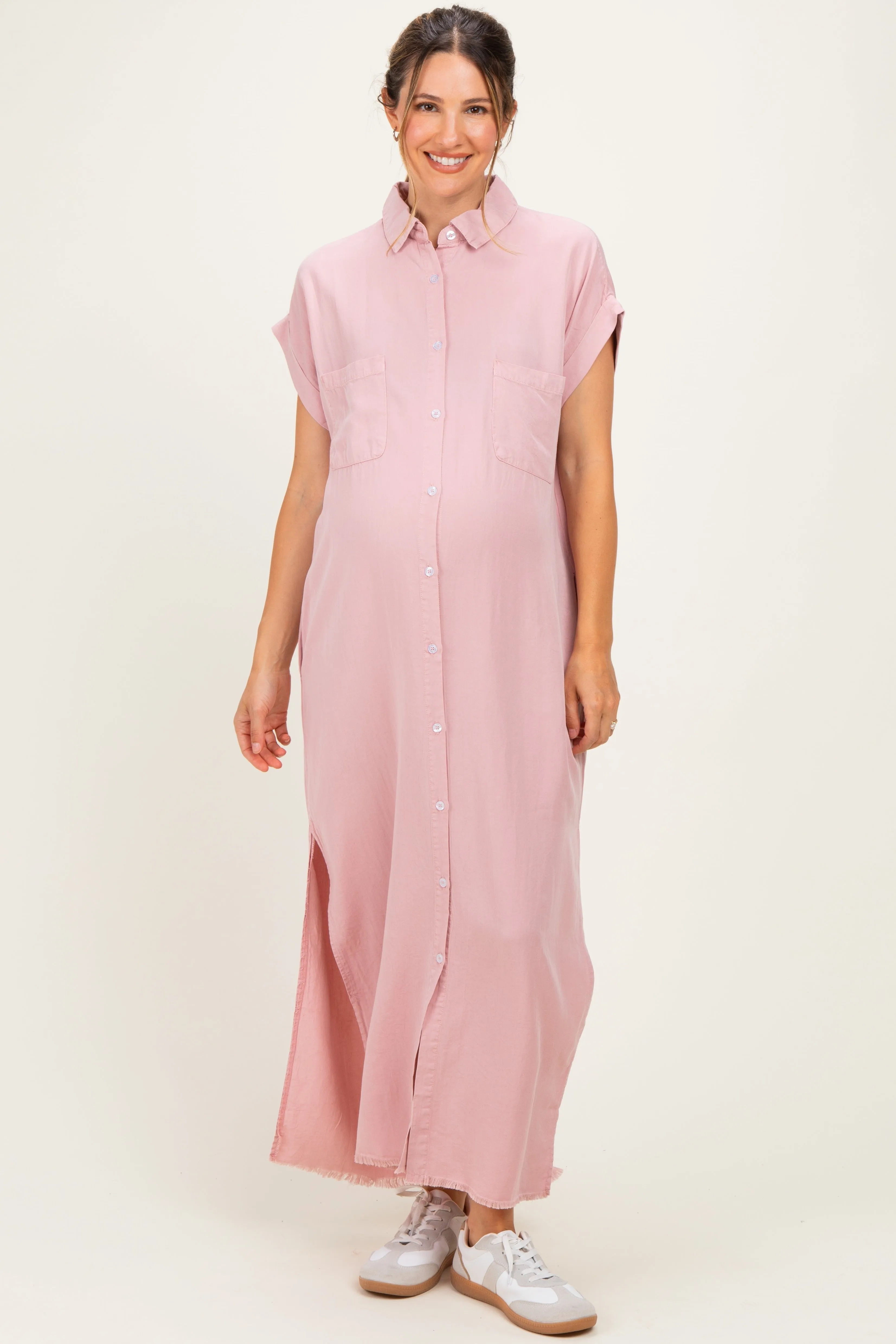 Pink Chambray Maternity Maxi Shirt Dress sold by Pinkblush