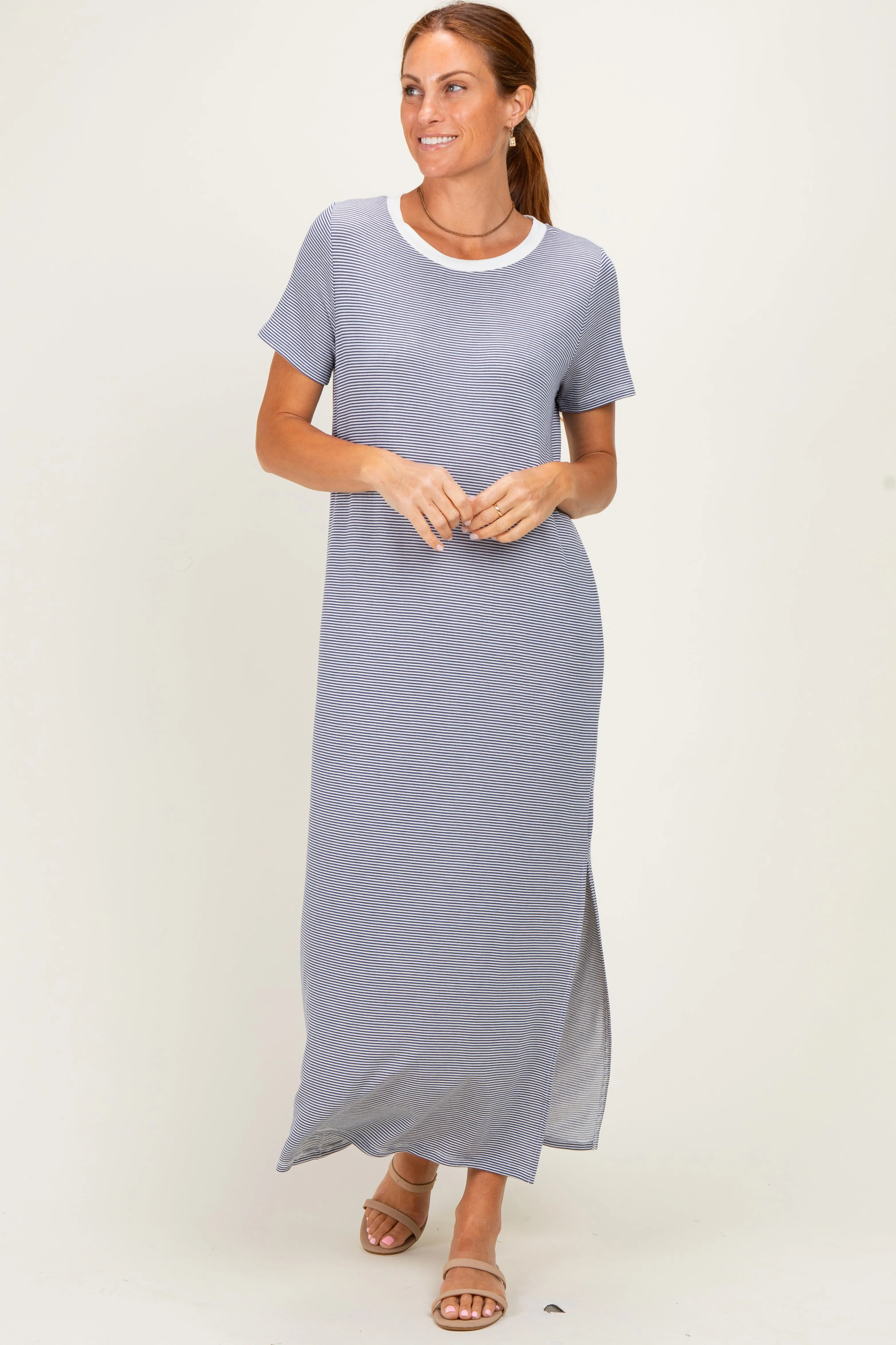 Ivory/ Navy Striped Short Sleeve Maternity Maxi Dress sold by Pinkblush product image thumbnail 5