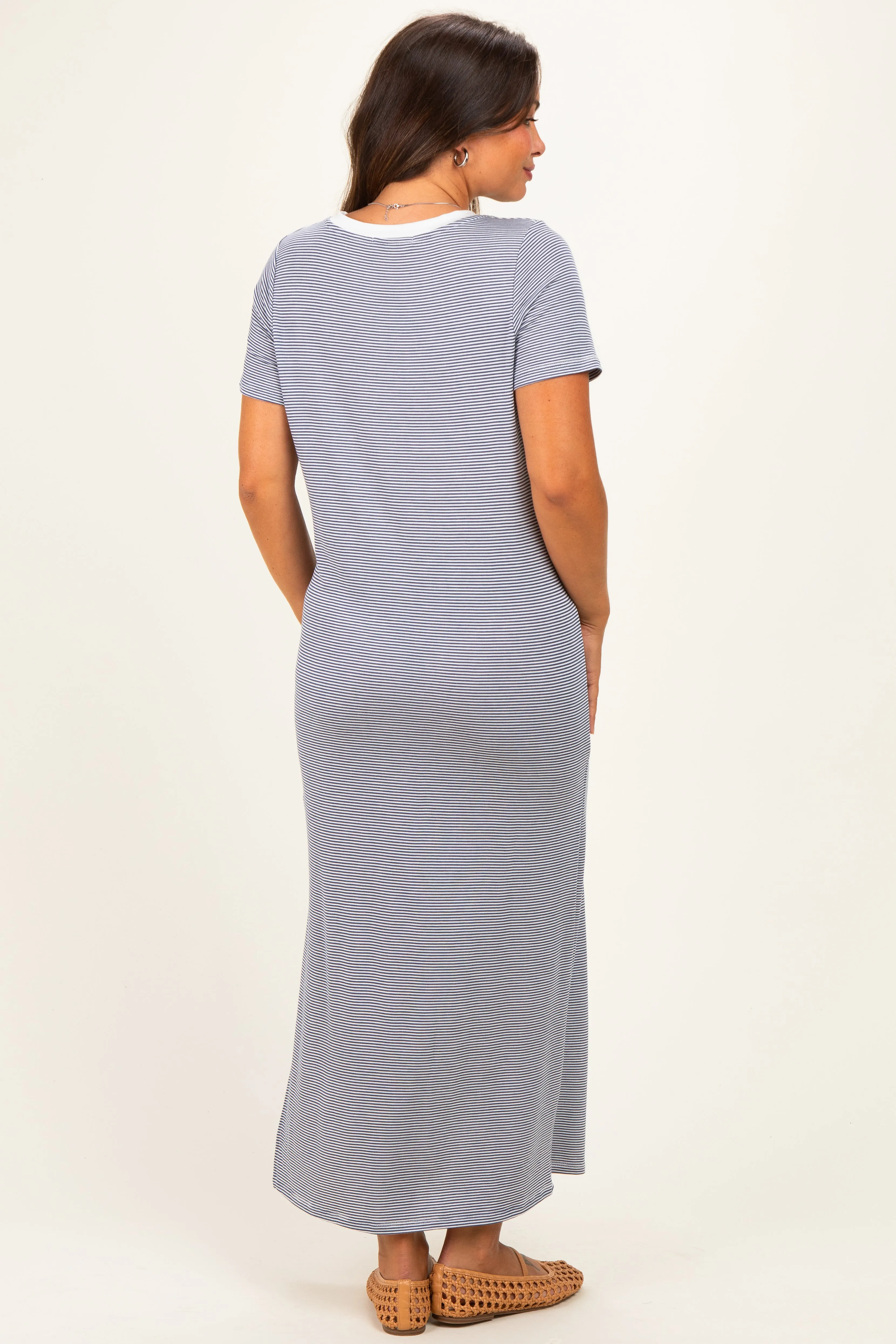 Ivory/ Navy Striped Short Sleeve Maternity Maxi Dress sold by Pinkblush product image thumbnail 4