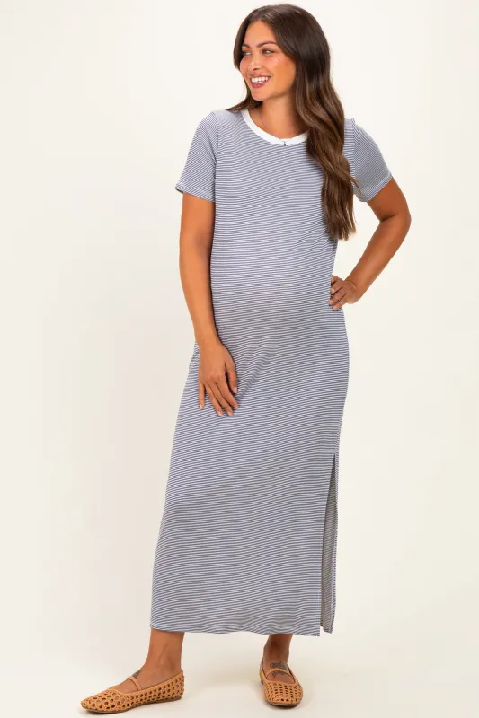 Ivory/ Navy Striped Short Sleeve Maternity Maxi Dress made by Pinkblush