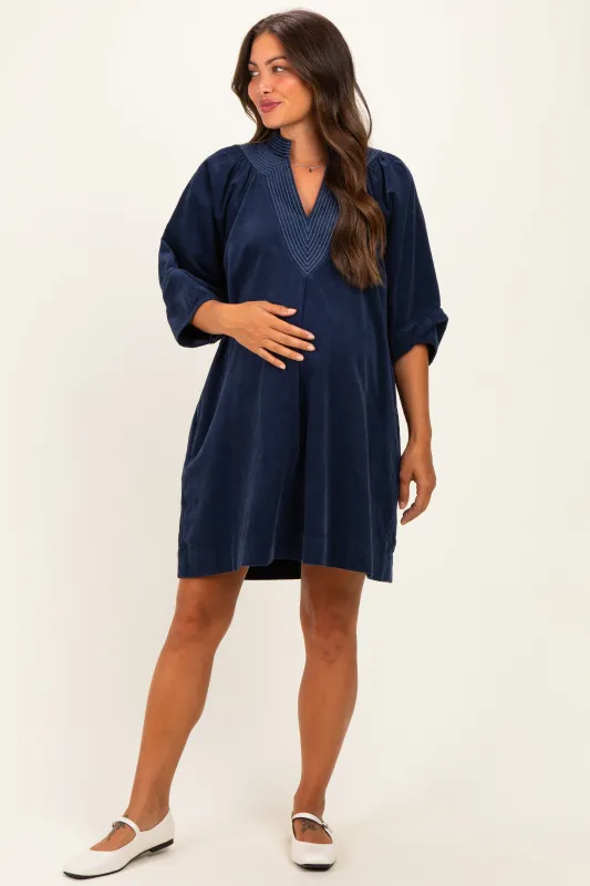 Navy Corduroy Contrast Stitched Maternity Dress made by Umgee