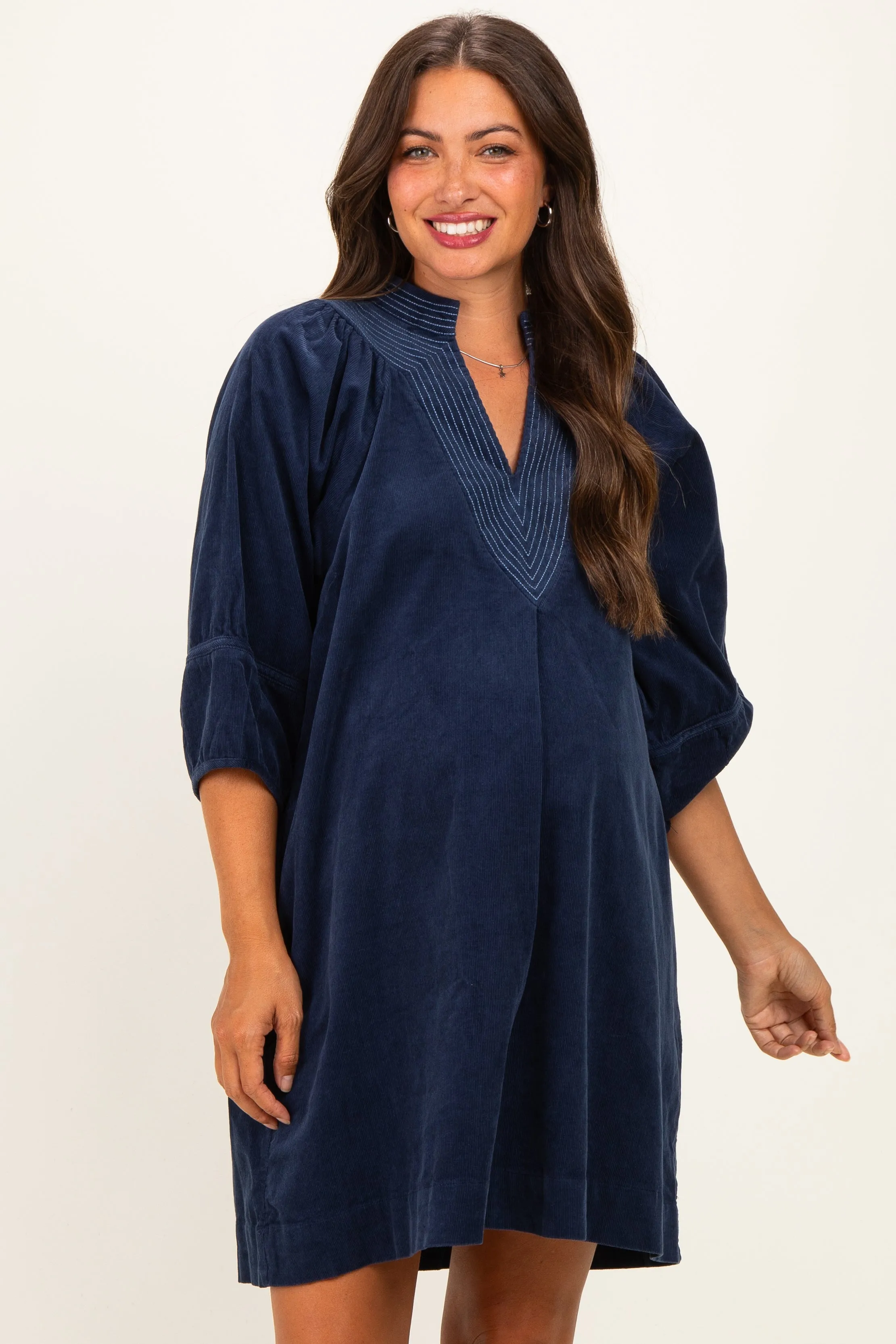 Navy Corduroy Contrast Stitched Maternity Dress sold by Pinkblush product image thumbnail 2
