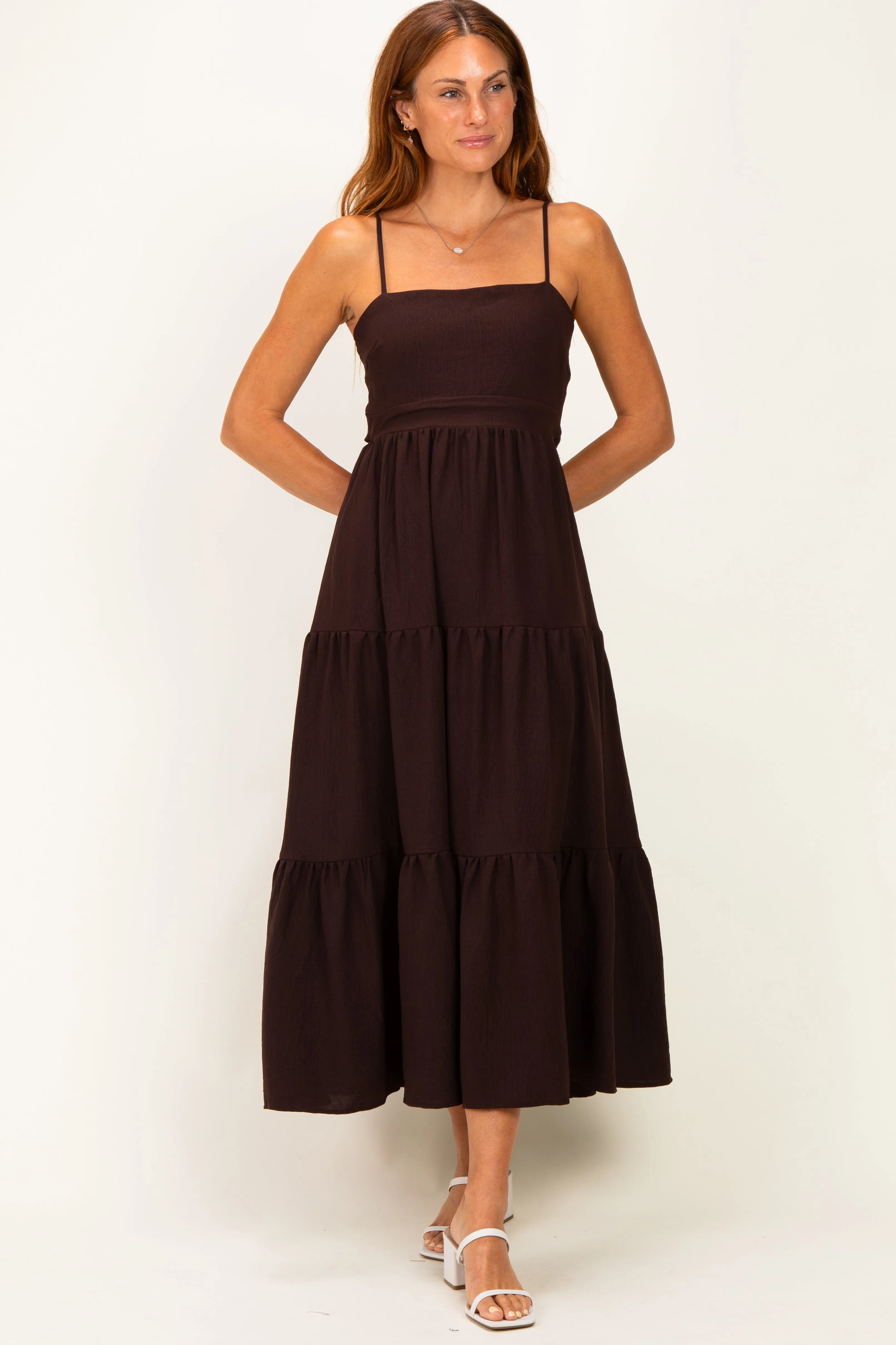 Brown Tiered Cutout Tie Back Midi Dress sold by Pinkblush