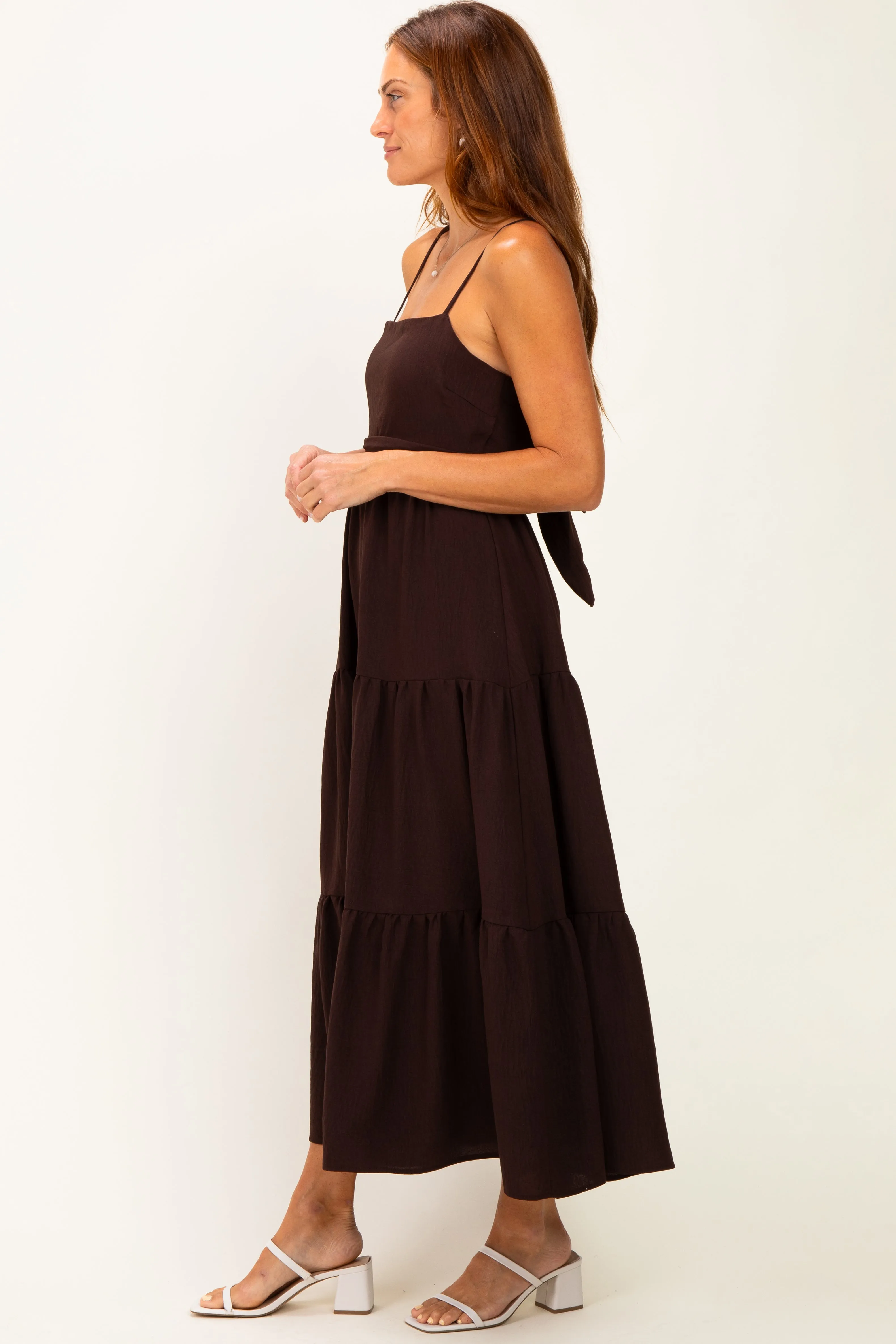 Brown Tiered Cutout Tie Back Midi Dress sold by Pinkblush product image thumbnail 2