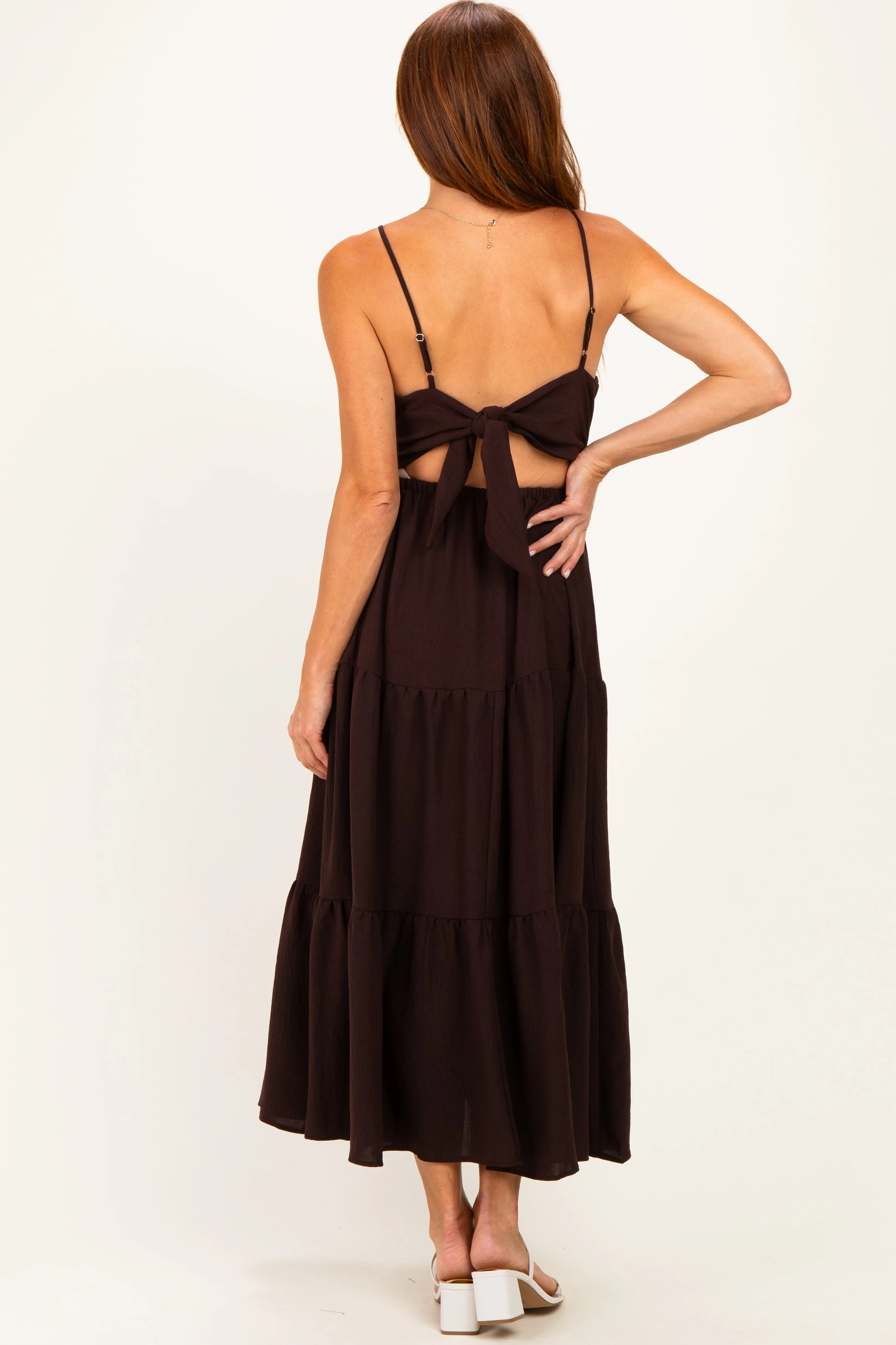 Brown Tiered Cutout Tie Back Midi Dress sold by Pinkblush product image thumbnail 3