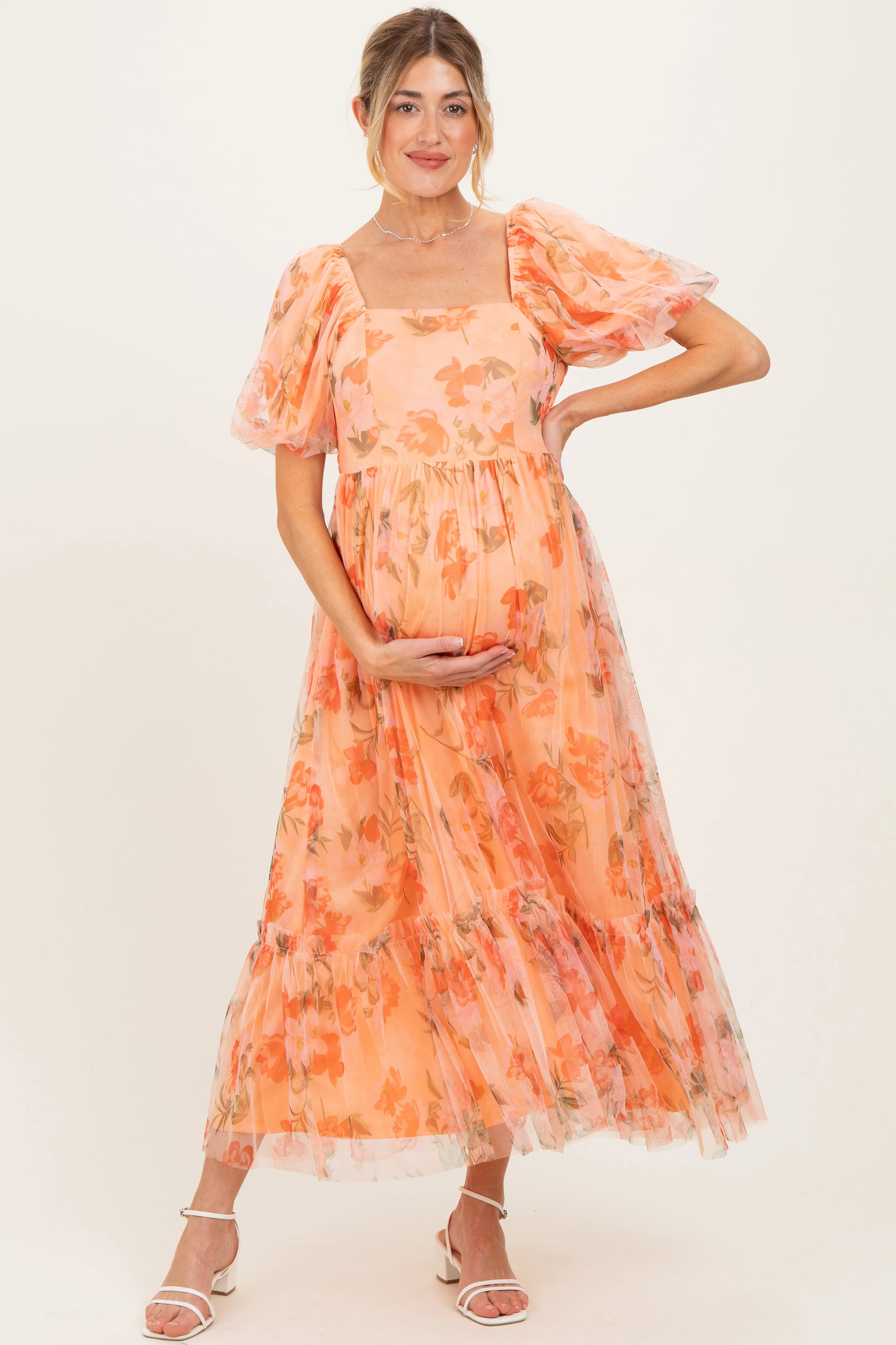 Peach Floral Maternity Midi Dress sold by Pinkblush product image thumbnail 2