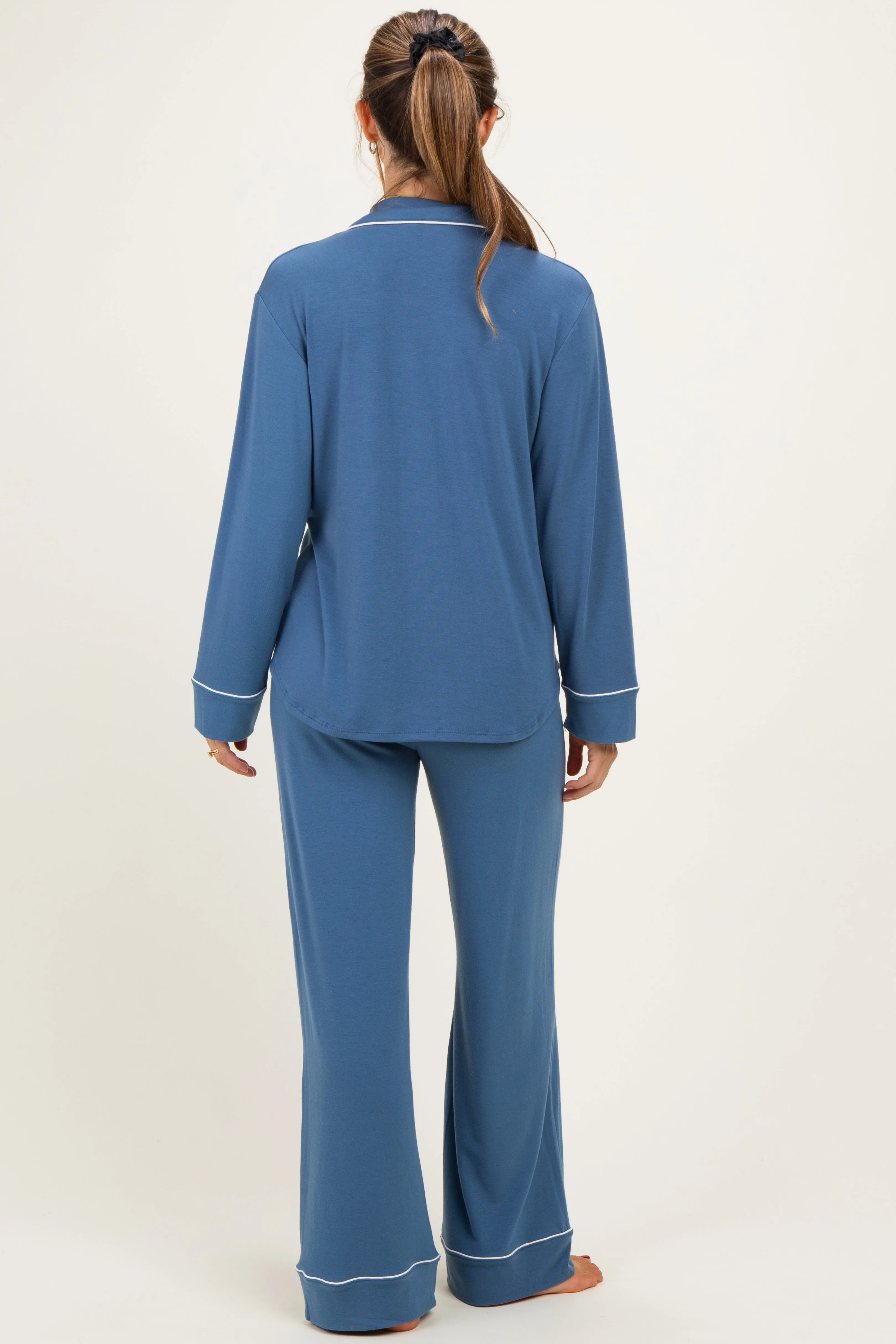 Dusty Blue Button Down Top Wide Leg Pant Maternity Pajama Set sold by Pinkblush product image thumbnail 3