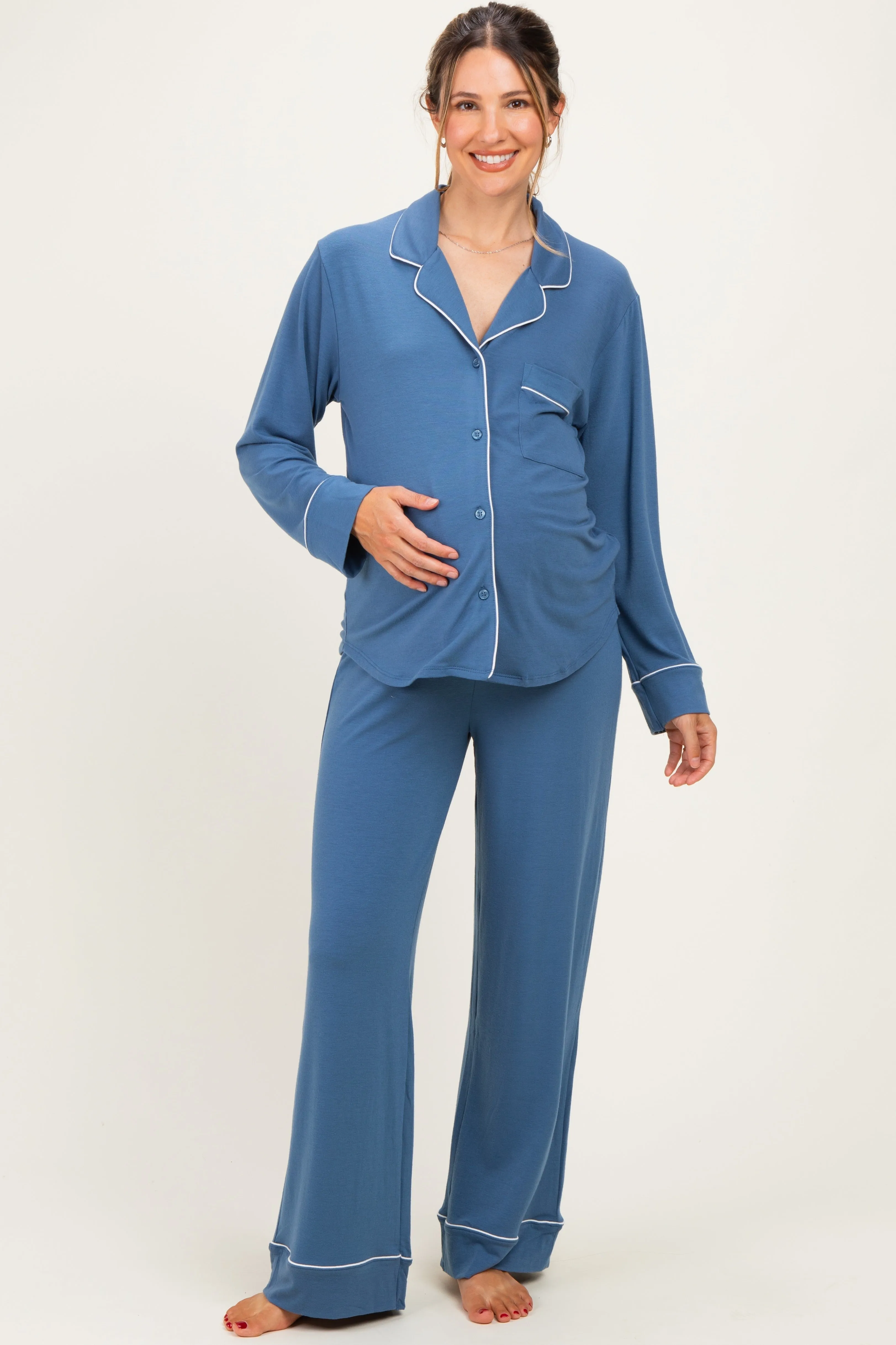 Dusty Blue Button Down Top Wide Leg Pant Maternity Pajama Set sold by Pinkblush