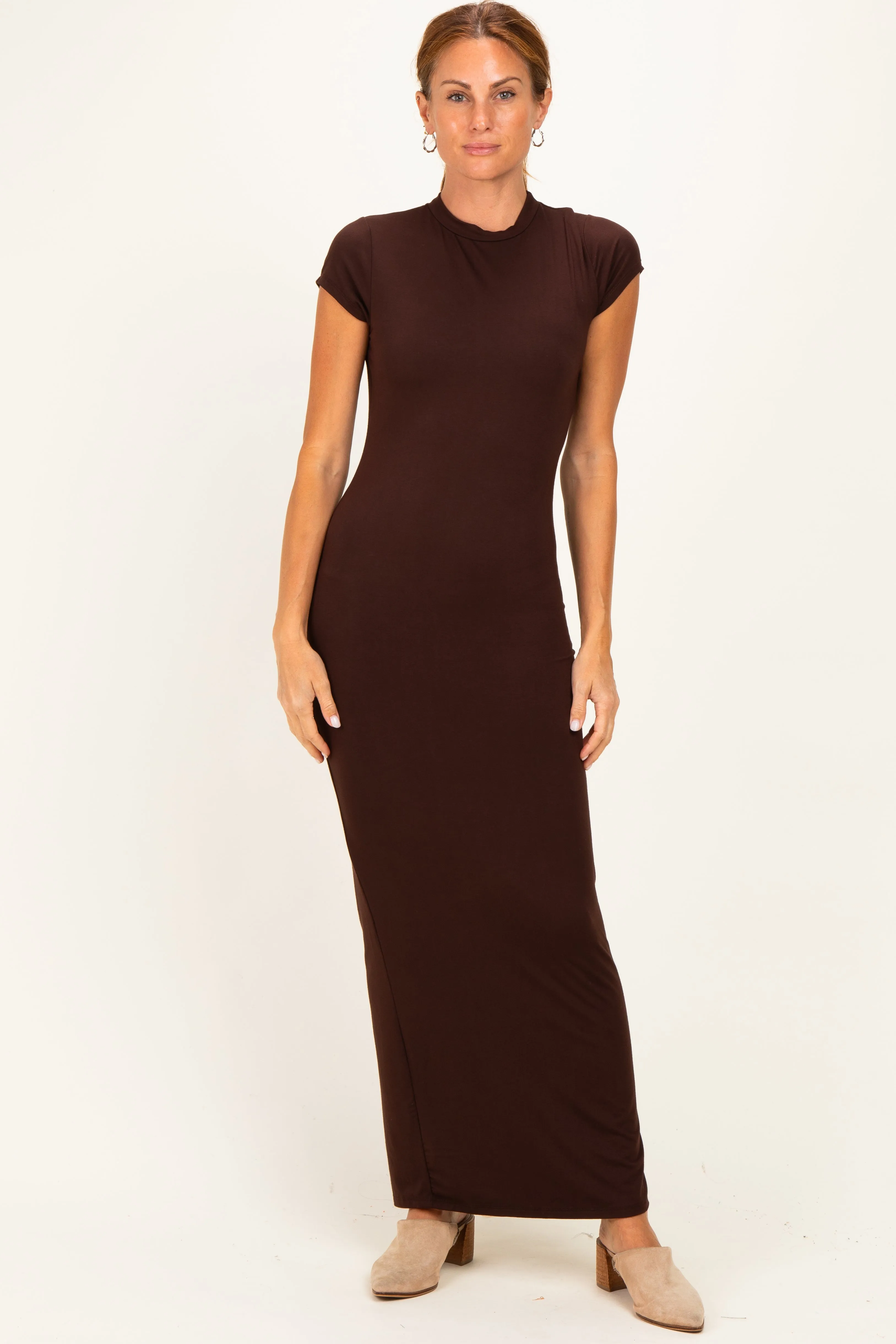 Brown Fitted Short Sleeve Maxi Dress sold by Pinkblush