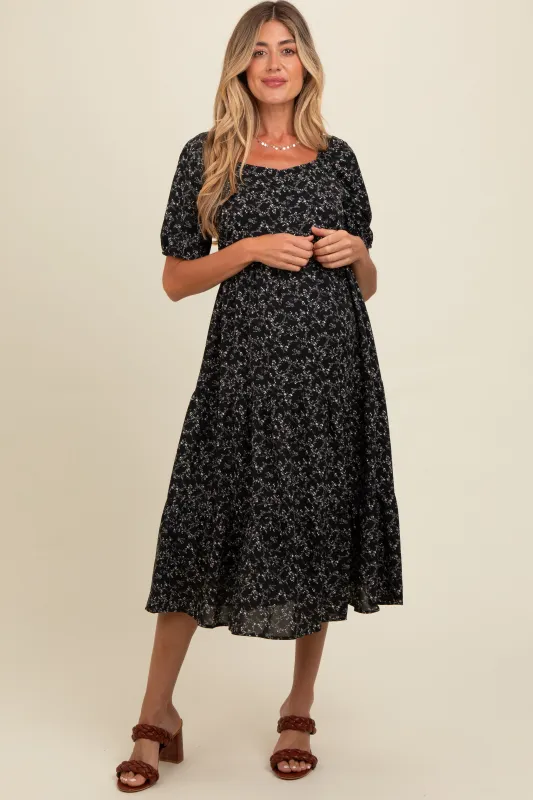 Black Micro Floral Maternity Midi Dress made by tea n rose