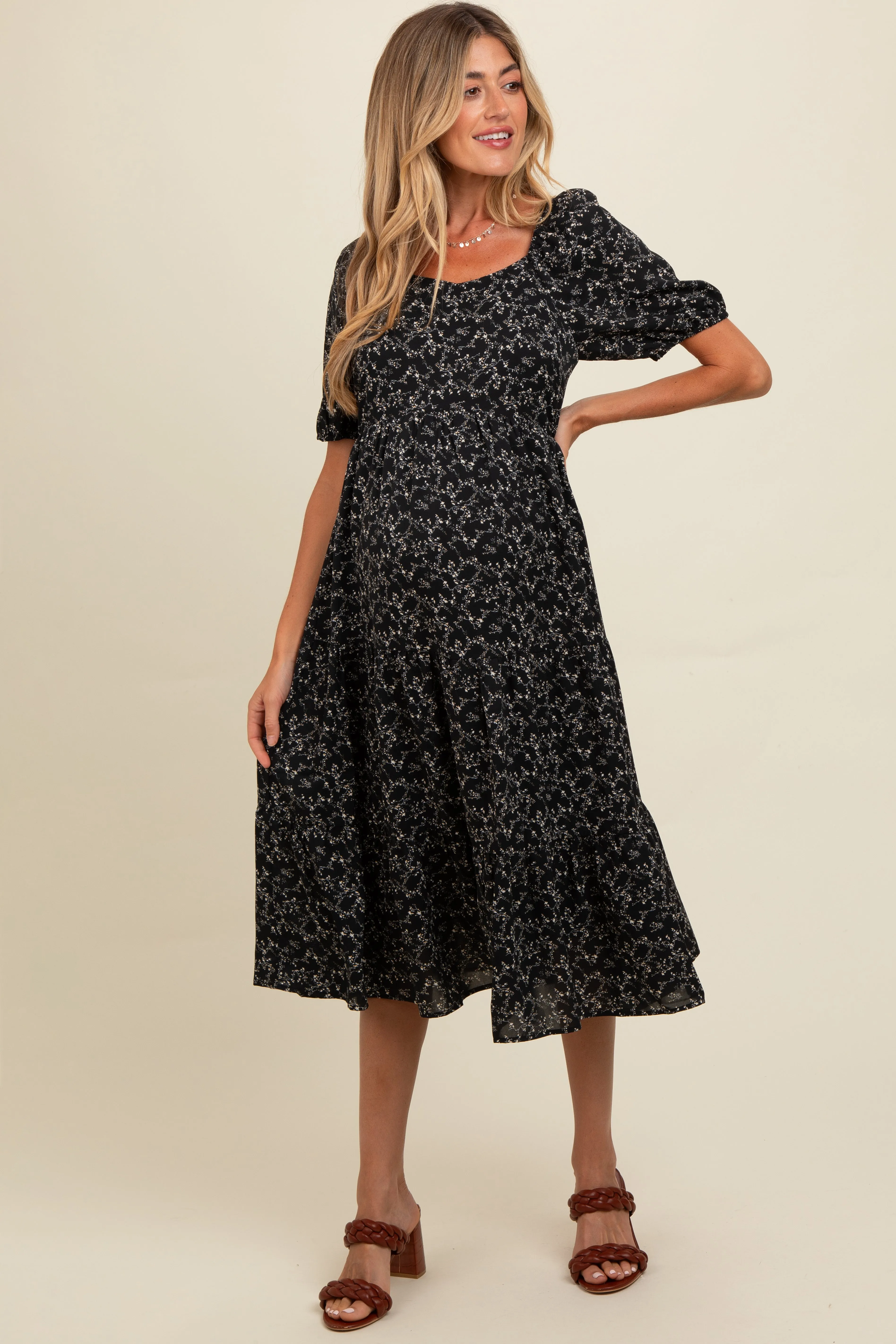 Black Micro Floral Maternity Midi Dress sold by Pinkblush product image thumbnail 2