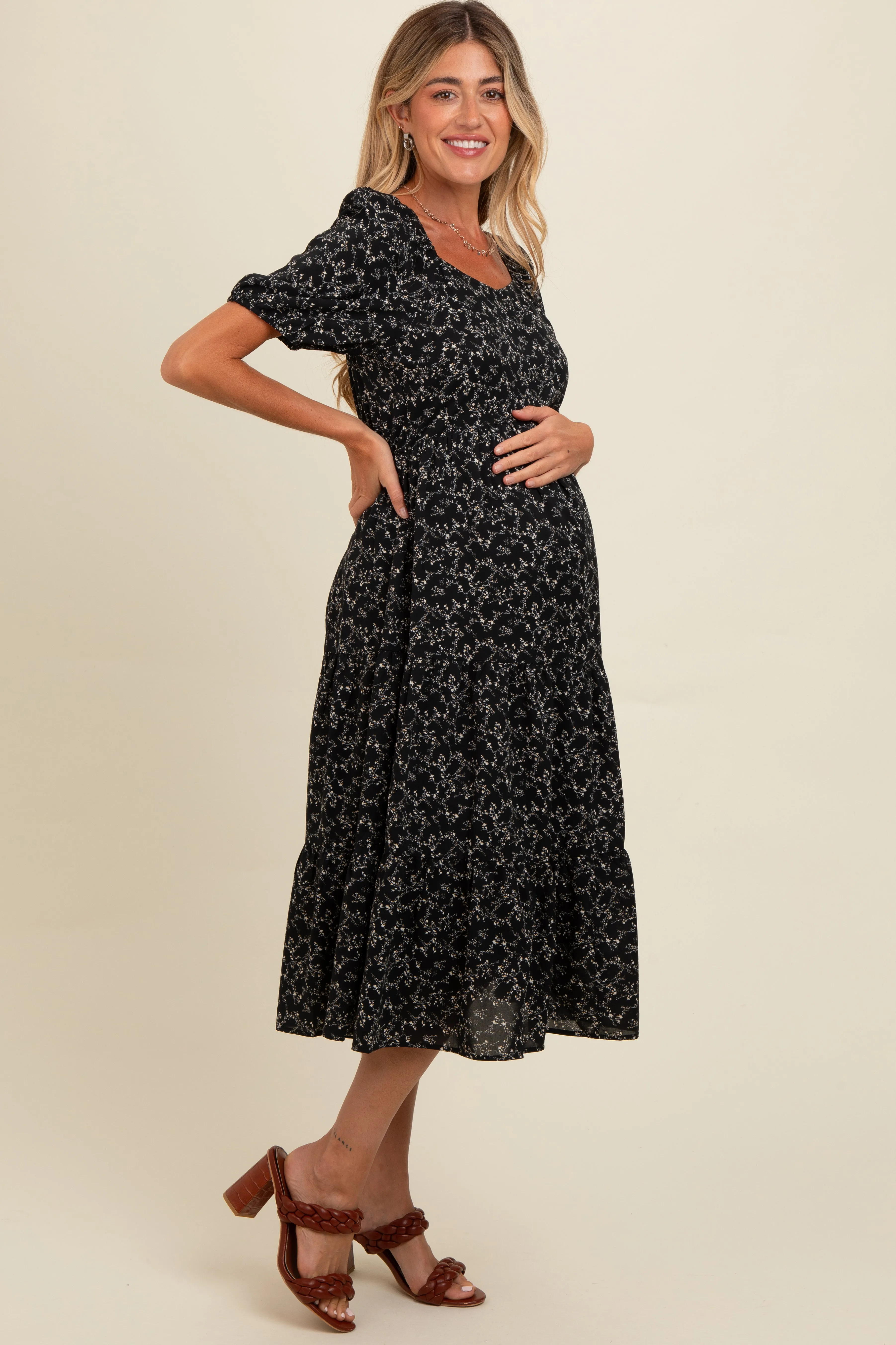 Black Micro Floral Maternity Midi Dress sold by Pinkblush product image thumbnail 3