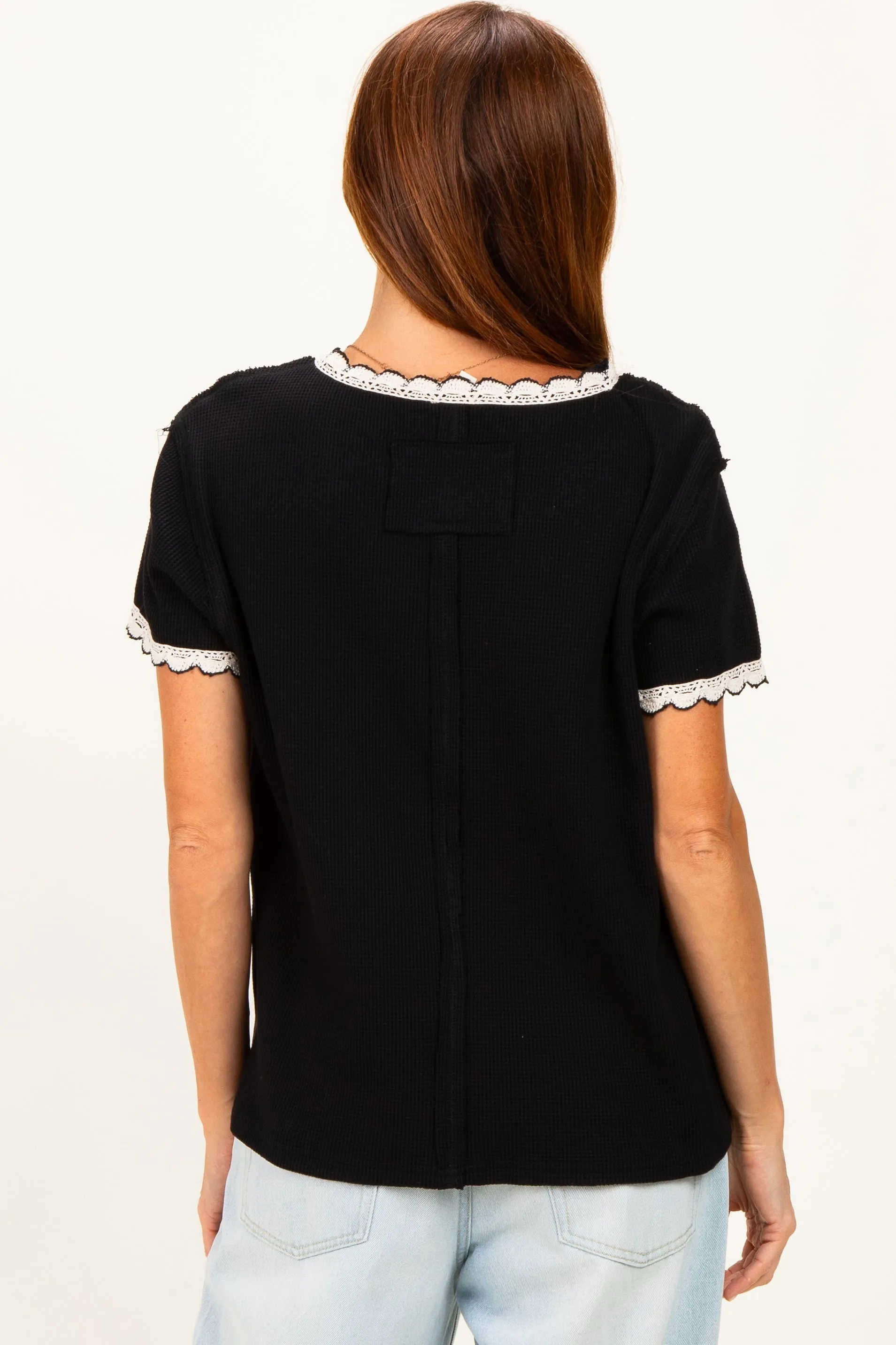 Black Waffle Knit Crochet Trim Top sold by Pinkblush product image thumbnail 3