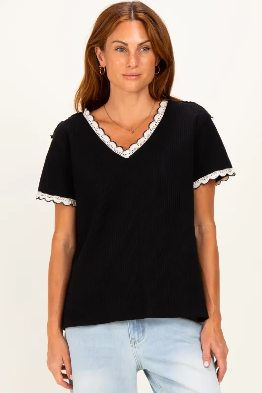 Black Waffle Knit Crochet Trim Top made by BiBi