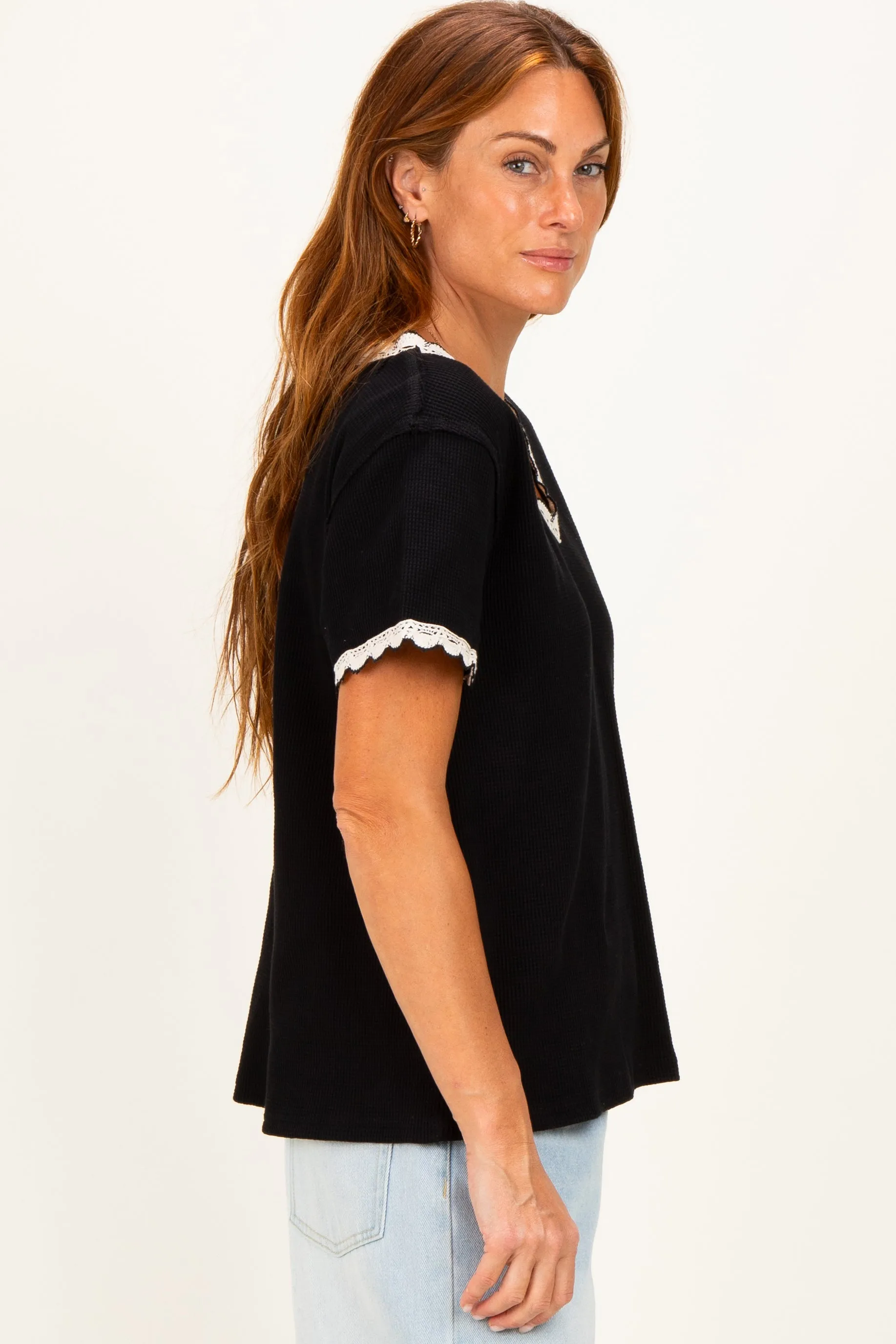 Black Waffle Knit Crochet Trim Top sold by Pinkblush product image thumbnail 2