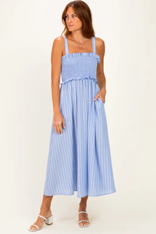 Blue Sleeveless Smocked Striped Maxi Dress made by Pinkblush
