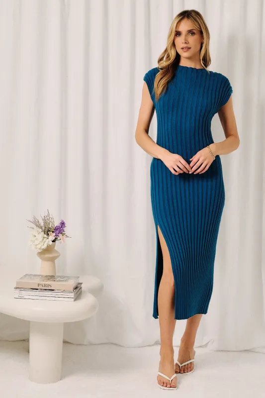 Dark Teal Wide Rib Side Slit Midi Dress made by Gilli