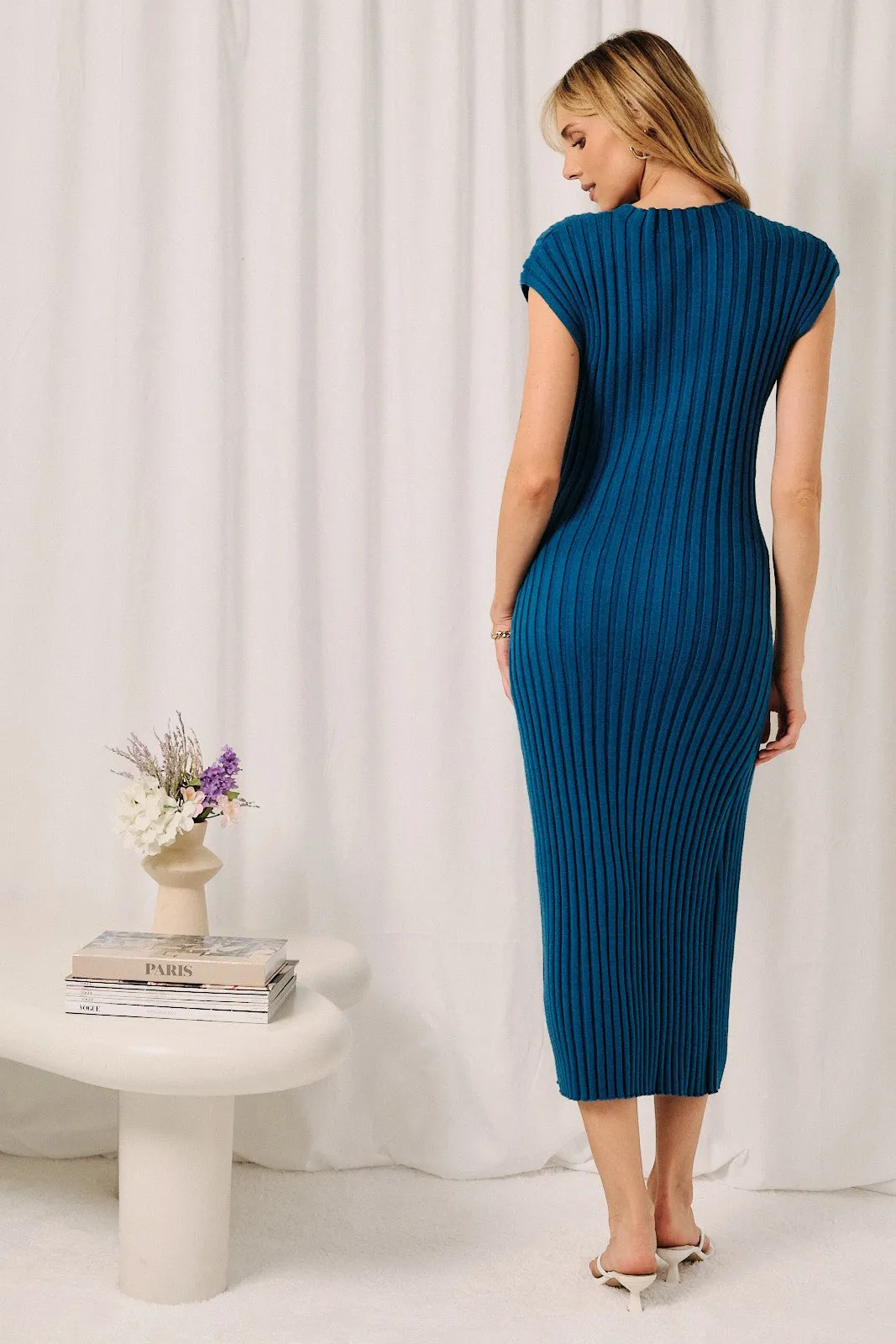 Dark Teal Wide Rib Side Slit Midi Dress sold by Pinkblush product image thumbnail 3