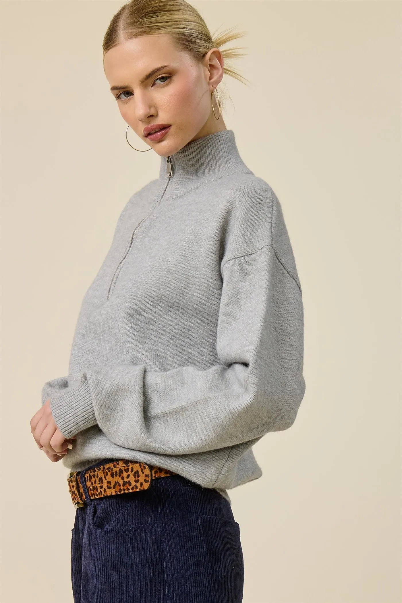 Grey Half Zip Mock Neck Sweater sold by Pinkblush product image thumbnail 2