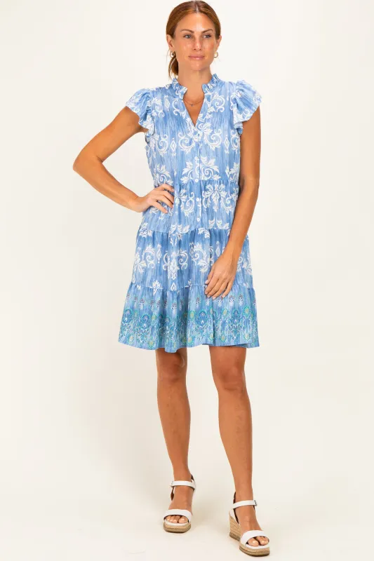 Denim Blue V Neck Flutter Sleeve Border Print Mini Tiered Dress made by Hem & Thread