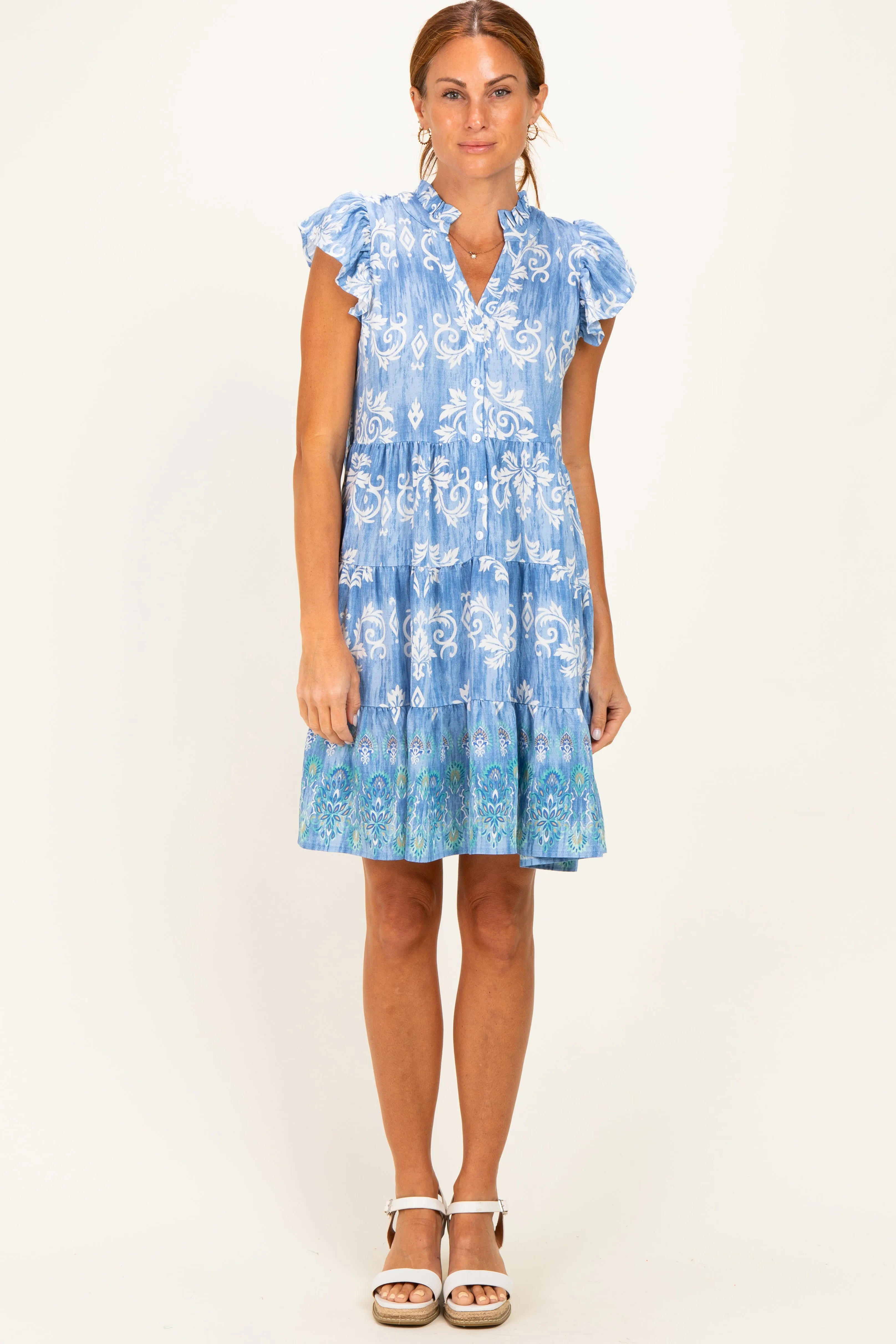 Denim Blue V Neck Flutter Sleeve Border Print Mini Tiered Dress sold by Pinkblush product image thumbnail 2