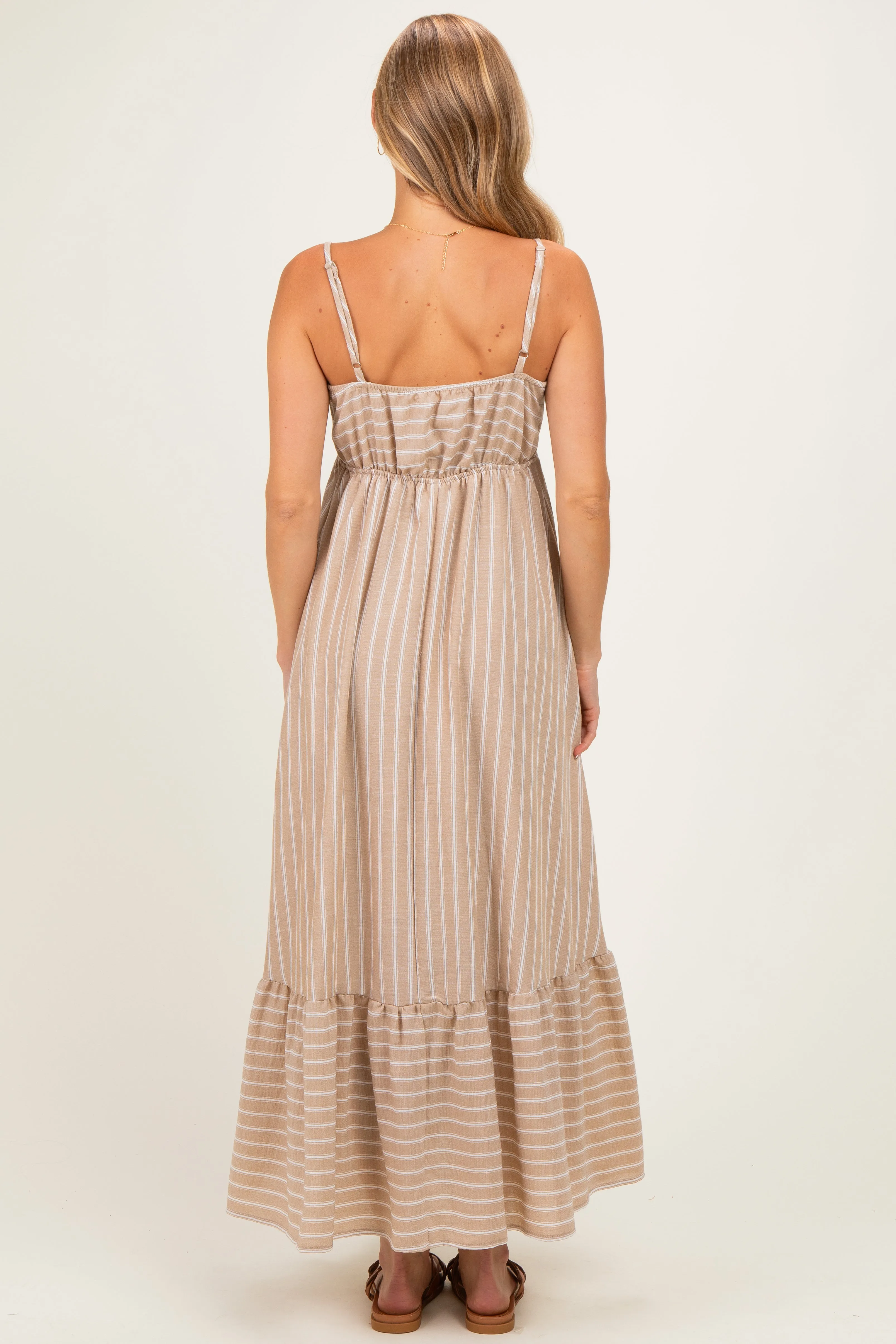 Taupe/ Off White Striped Sleeveless Ruffle Hem Maxi Dress sold by Pinkblush product image thumbnail 3