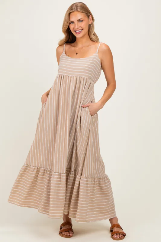 Taupe/ Off White Striped Sleeveless Ruffle Hem Maxi Dress made by Pinkblush